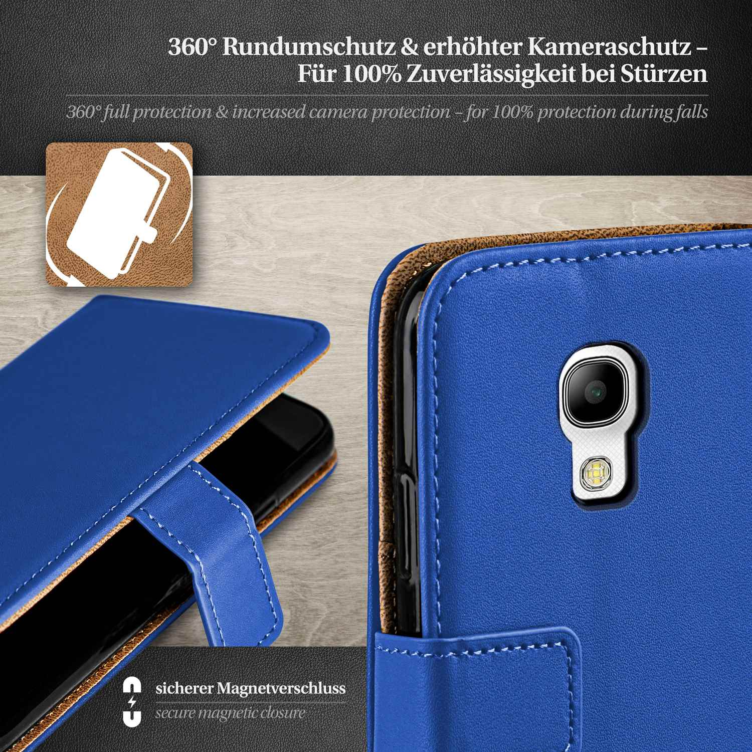 Eine blaue Handyhülle mit Telefon, Text über Schutz und sicherem Magnetverschluss.