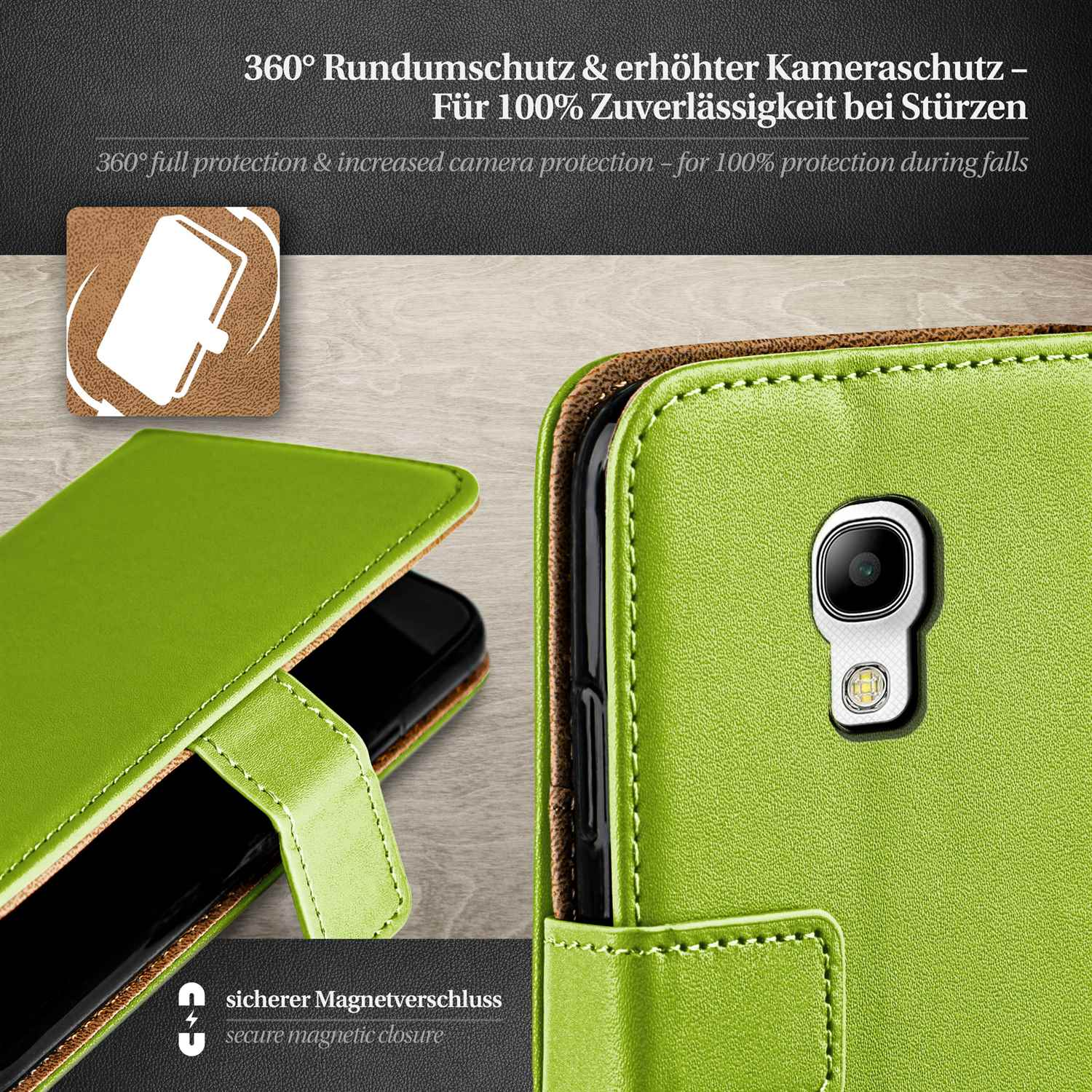 Grüne Handyhülle mit Telefon. Die Hülle hat ein Kamera Loch und einen Magnetverschluss.