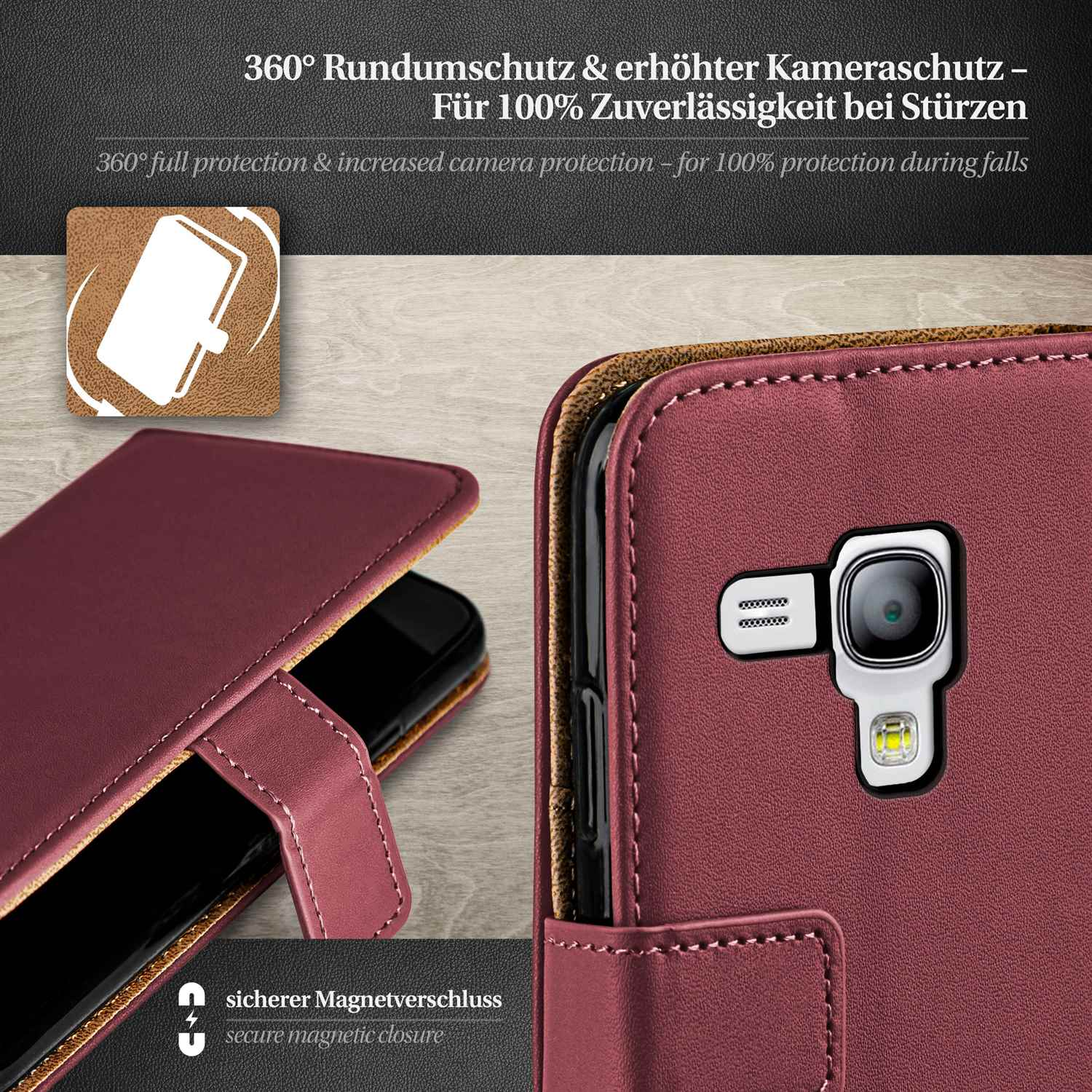 Burgunderfarbene Handyhülle mit sicherem Magnetverschluss. Telefon ist drin. Die Hülle ist offen.