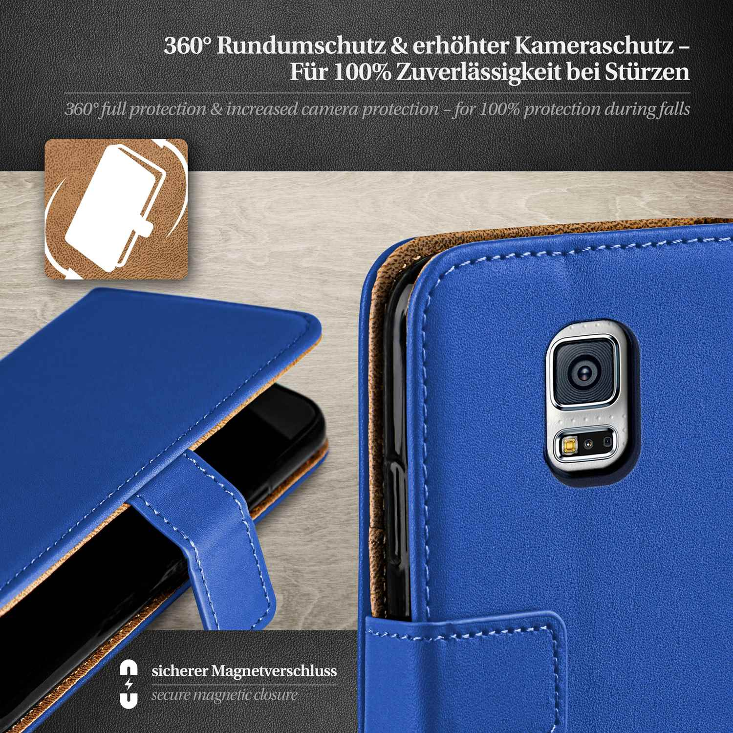 Blaue Handyhülle mit Telefon darin, Nahaufnahme. Text: 360° Rundumschutz mit sicherem Magnetverschluss.