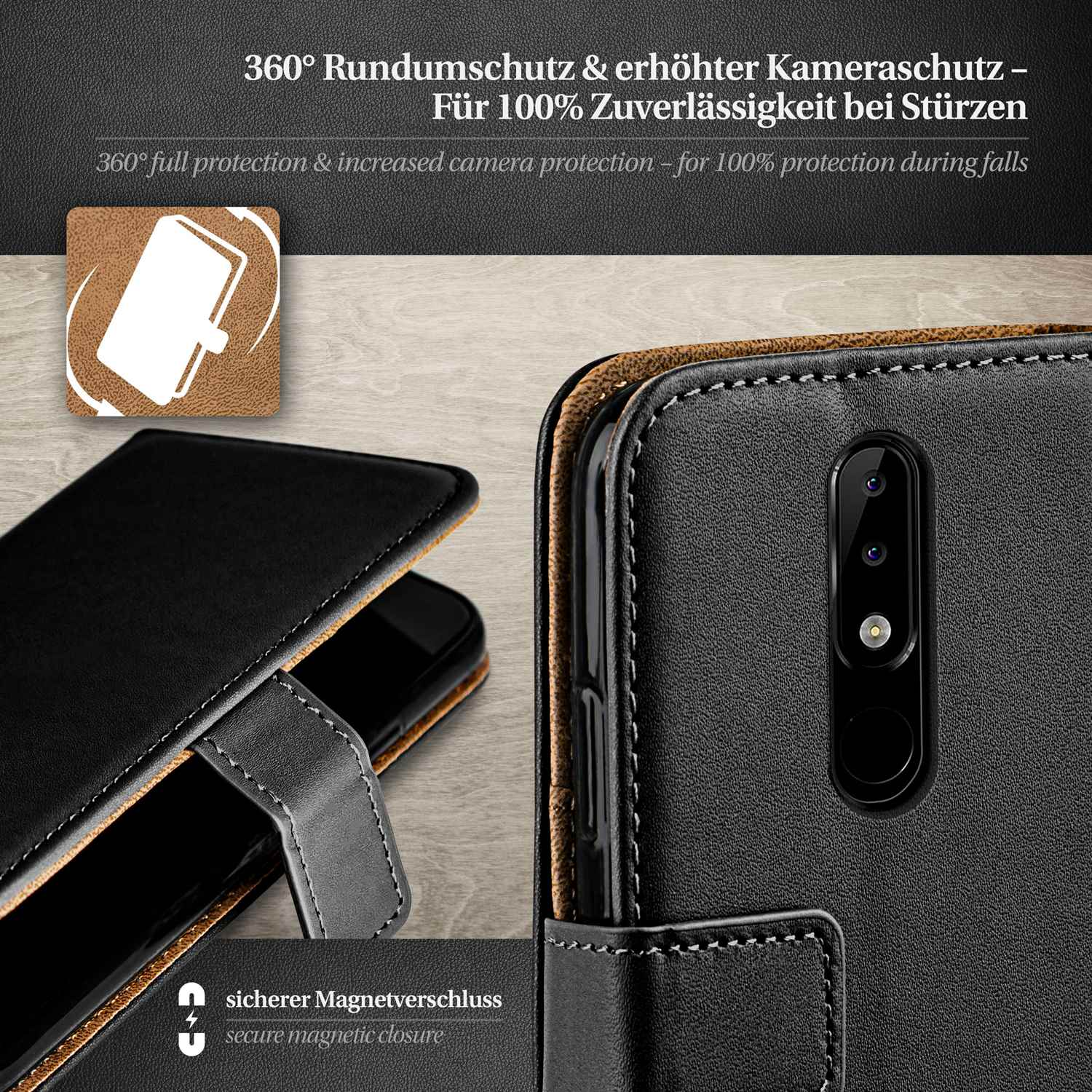 Schwarze Handyhülle, braunes Innere, Text über Schutz.