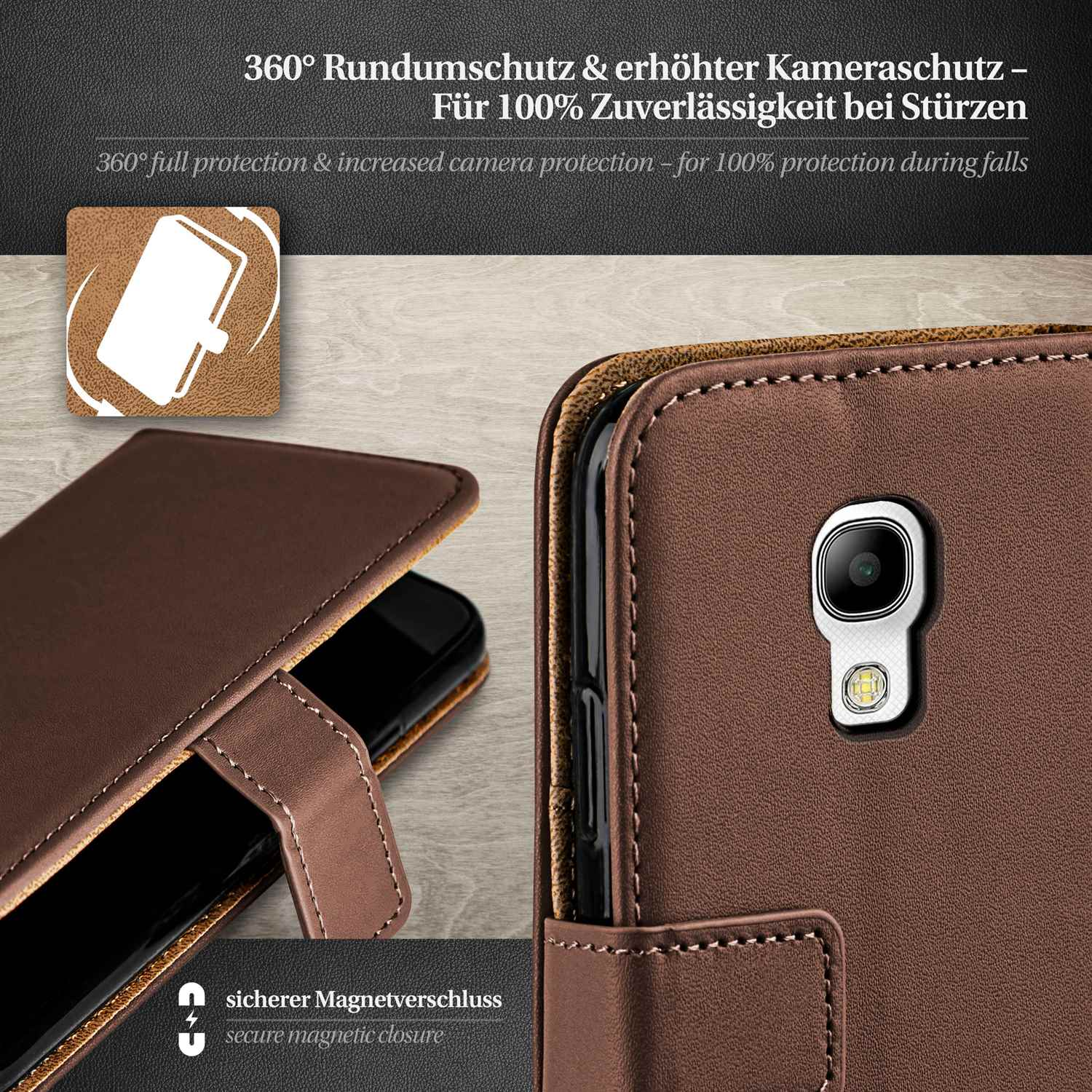 Braune Handyhülle mit Telefon im Inneren, die Kamera und sicheren Magnetverschluss zeigt.