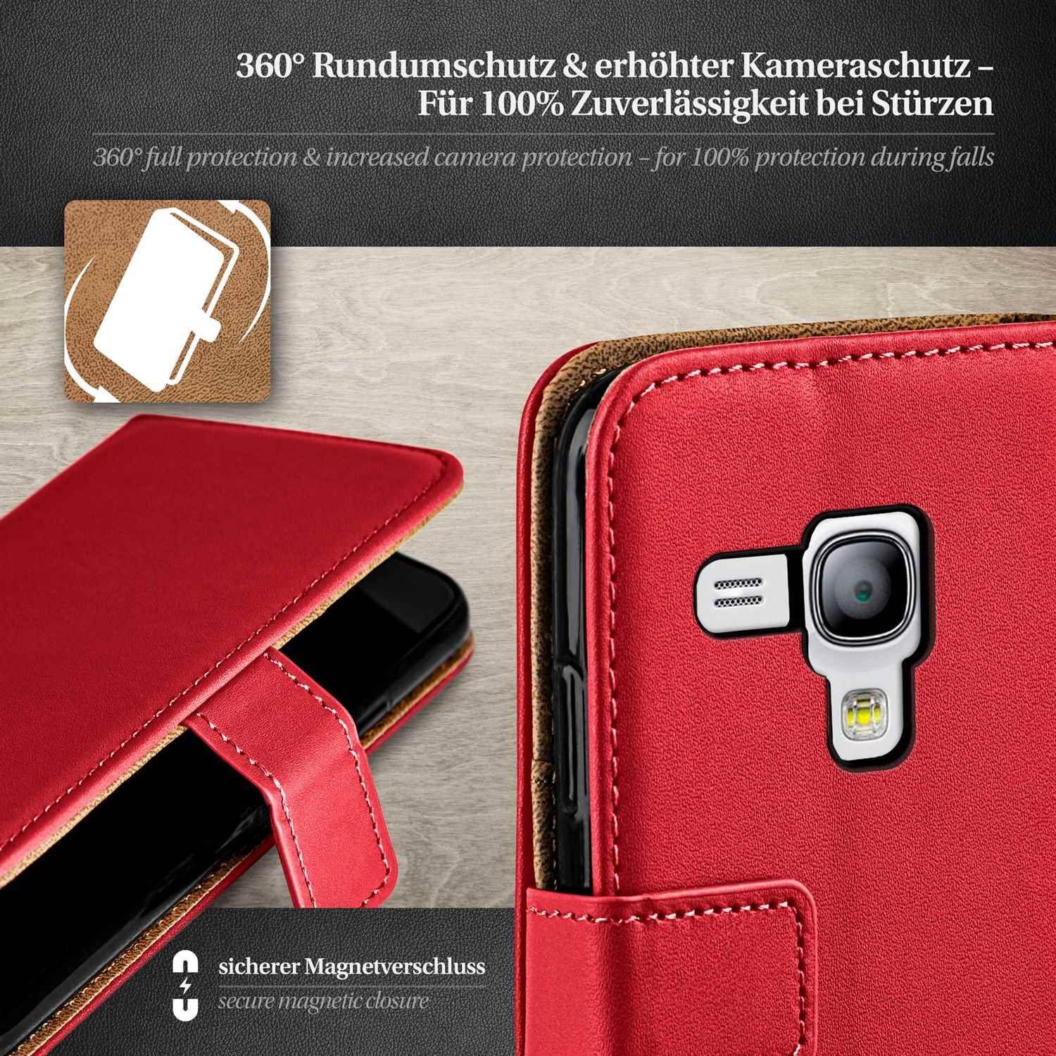 Rote Handyhülle mit Smartphone. Text: 360° Rundumschutz & erhöhter Kameraschutz.