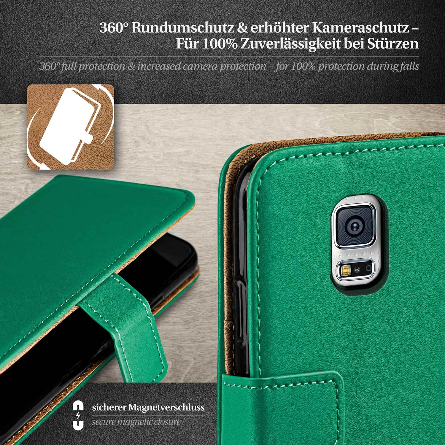 Grüne Handyhülle mit grünem Telefon darin. Schutzhülle, sicherer Magnetverschluss.