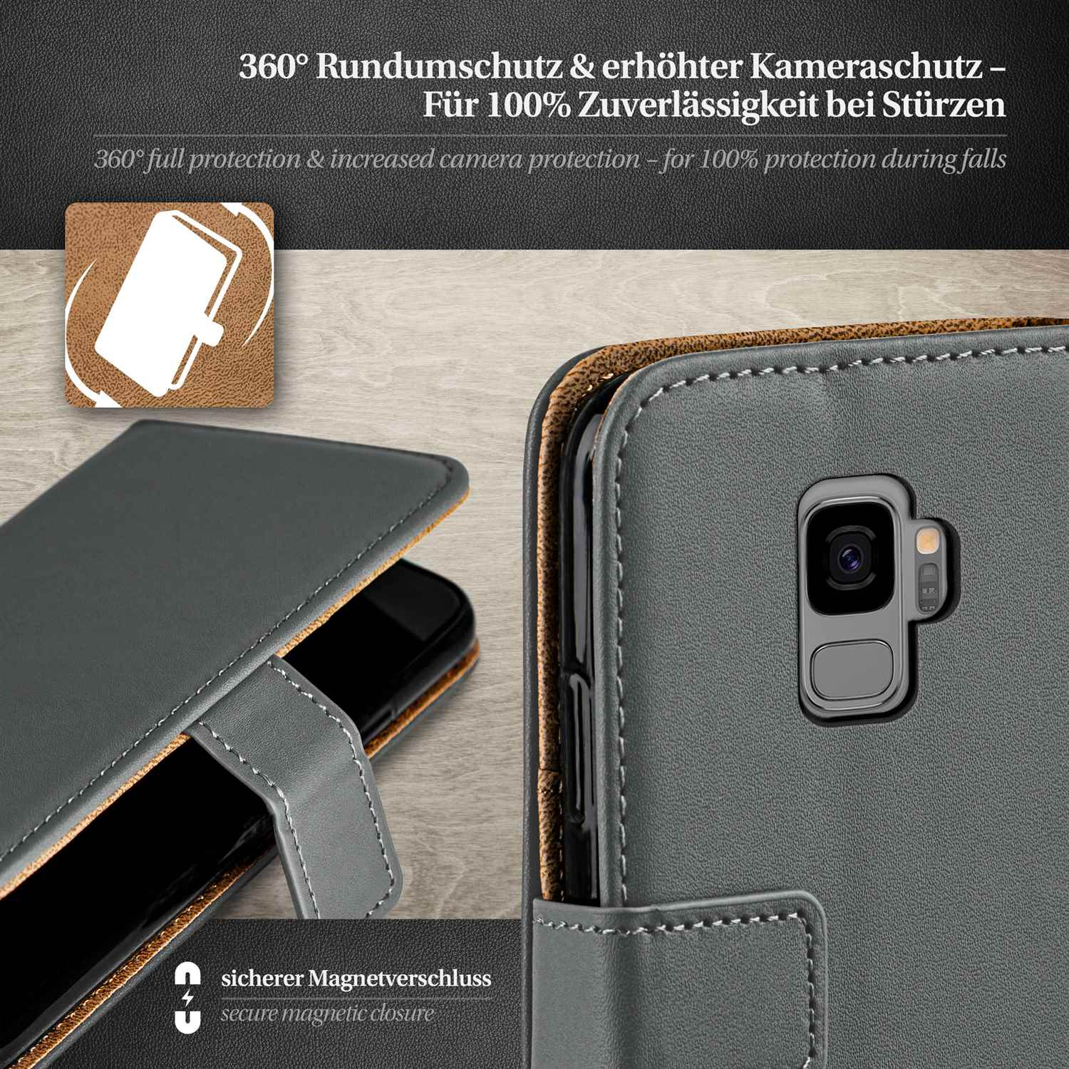 Nahaufnahme einer grauen Handyhülle. Die Handykamera ist sichtbar. Text: 360° Schutz und Kameraschutz.