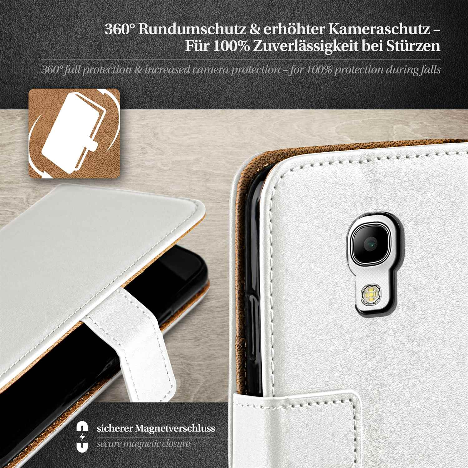 Weiße Handyhülle mit schwarzem Telefon, 360° Schutz und erhöhter Kamera. Sicherer Verschluss.
