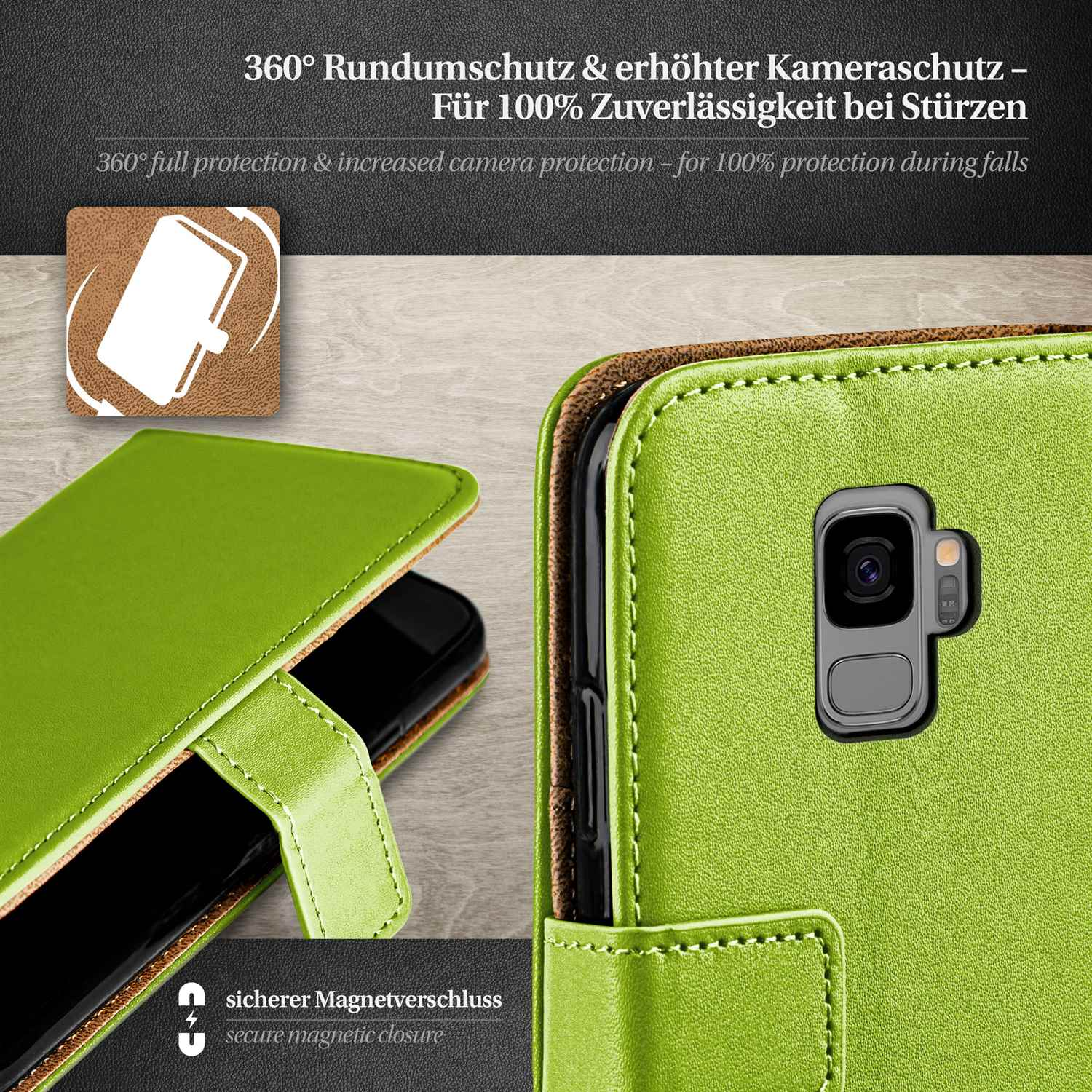 Eine grüne Handyhülle mit einem Telefon darin. Die Hülle hat einen Magnetverschluss.