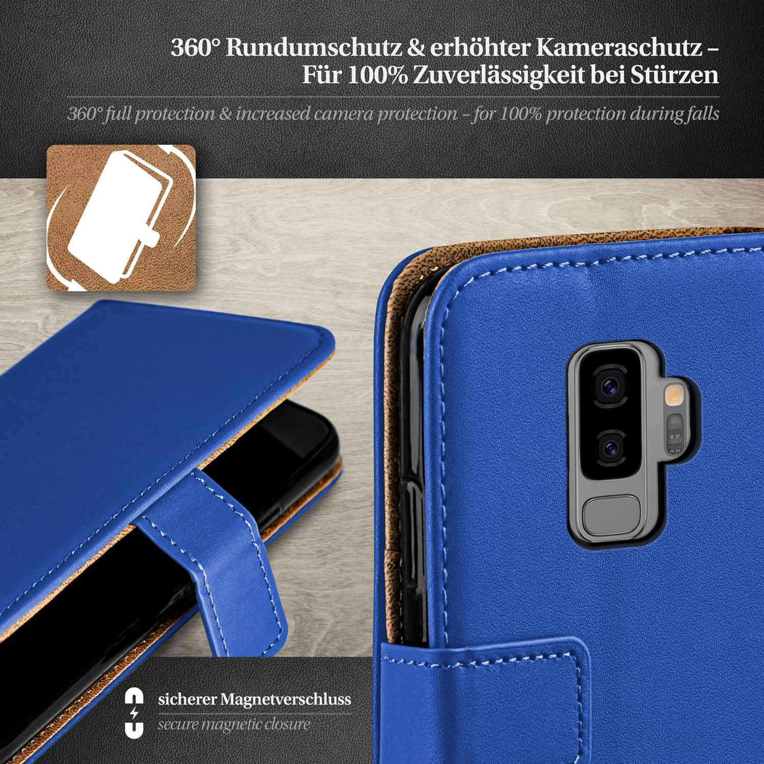 Blaue Handyhülle mit schwarzem Telefon, 360° Schutz und erhöhter Kamera. Sicherer Verschluss.