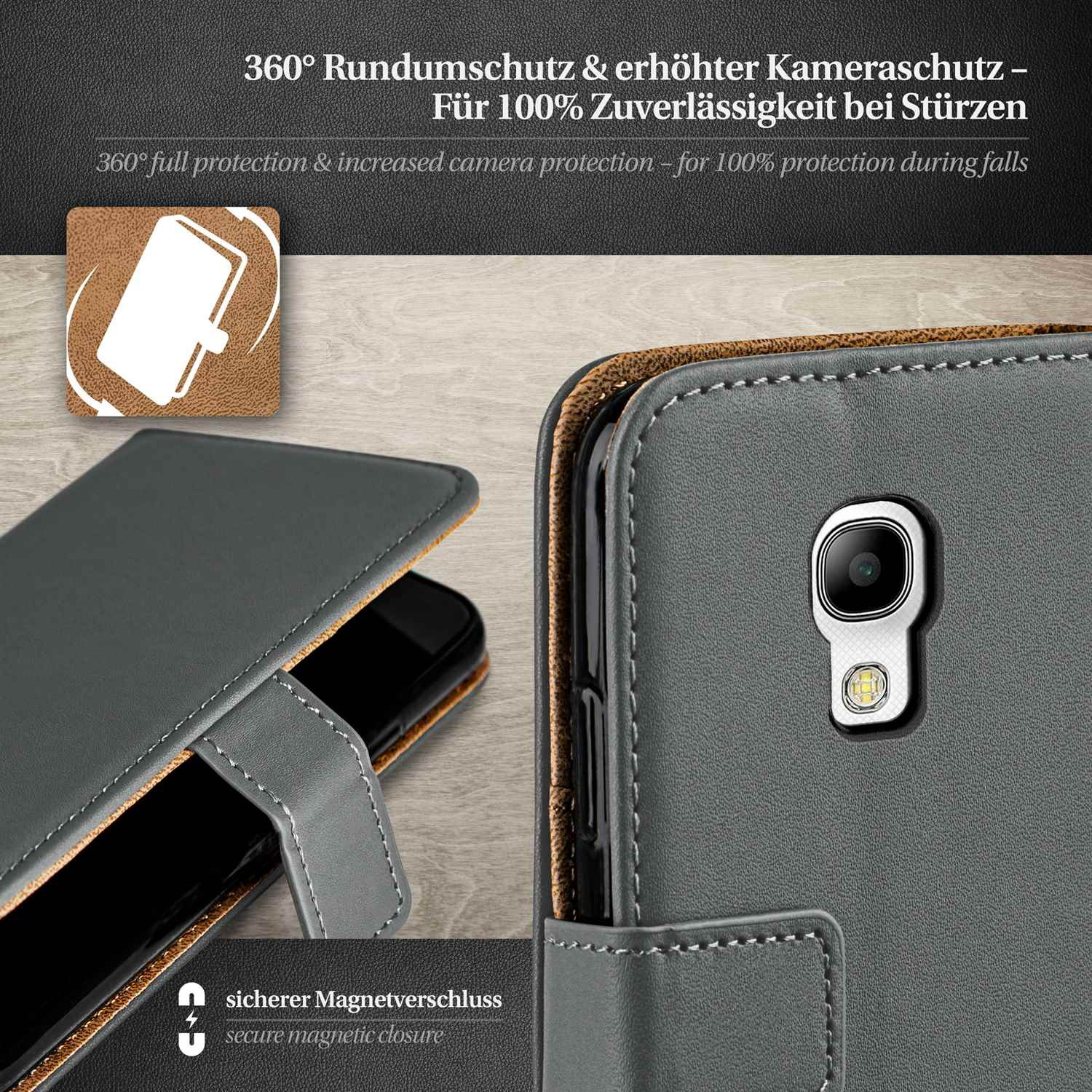 Graue Handyhülle mit Telefon; Text oben: 360° Schutz und erhöhter Kameraschutz.