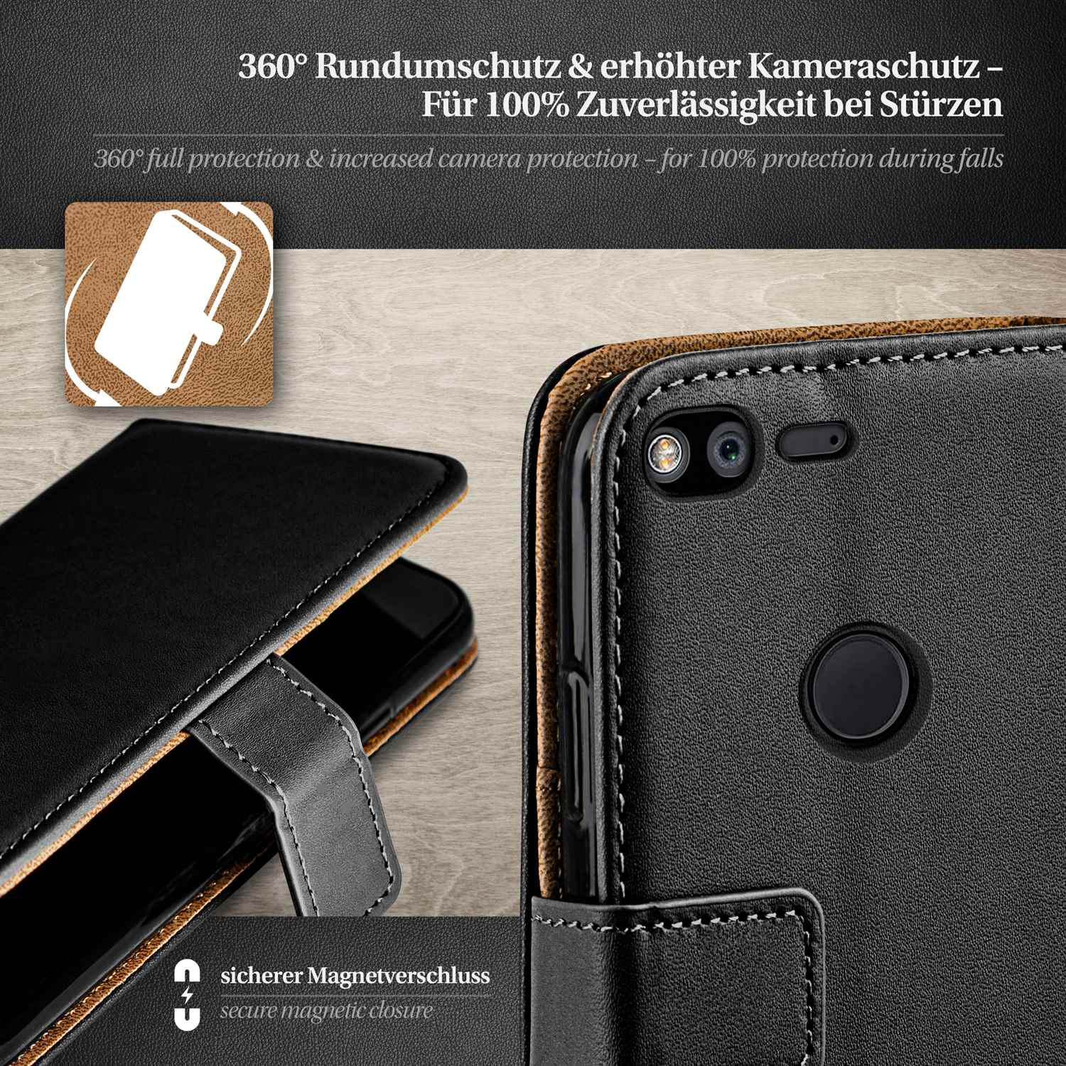 Schwarze Handyhülle mit sicherem Magnetverschluss, Nahaufnahme zeigt die Kamera und die Handyhülle.