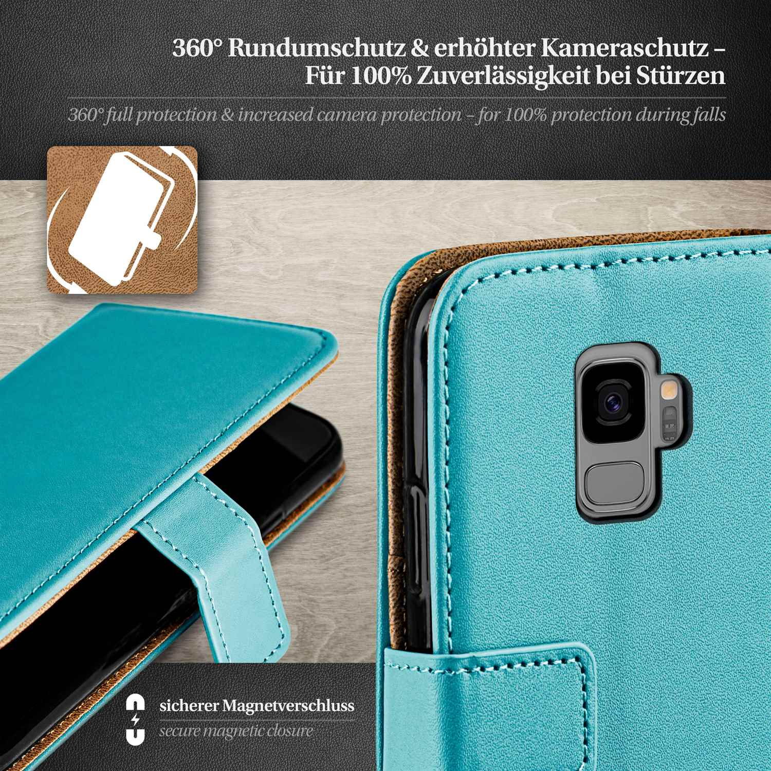 Türkisfarbene Handyhülle mit schwarzem Telefon. Nahaufnahme. Schwarze Kamera sichtbar, weiße Naht.