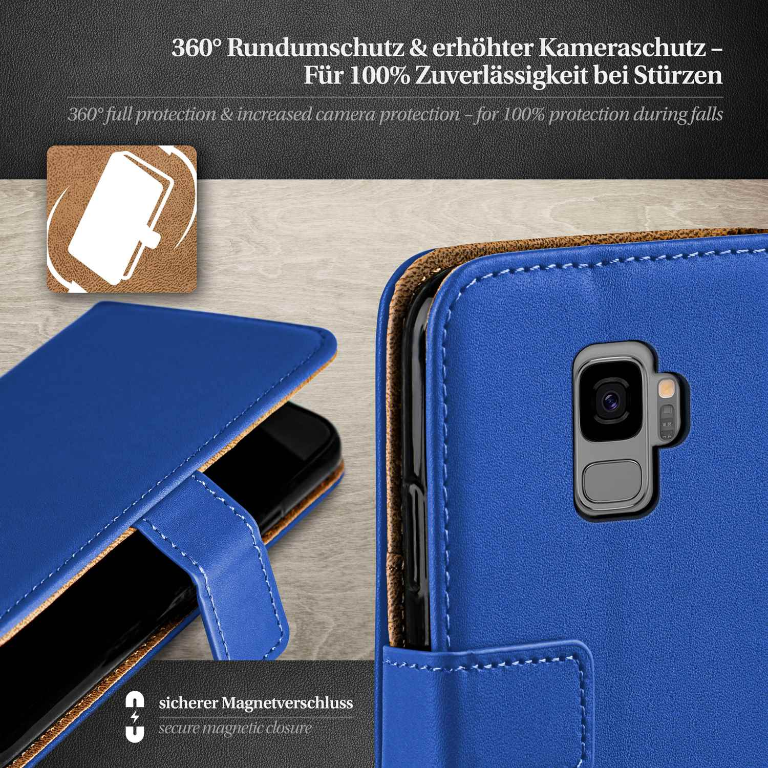 Blaue Handyhülle mit Telefon innen, Kameradetail und Text über Schutz, mit Magnetverschluss.