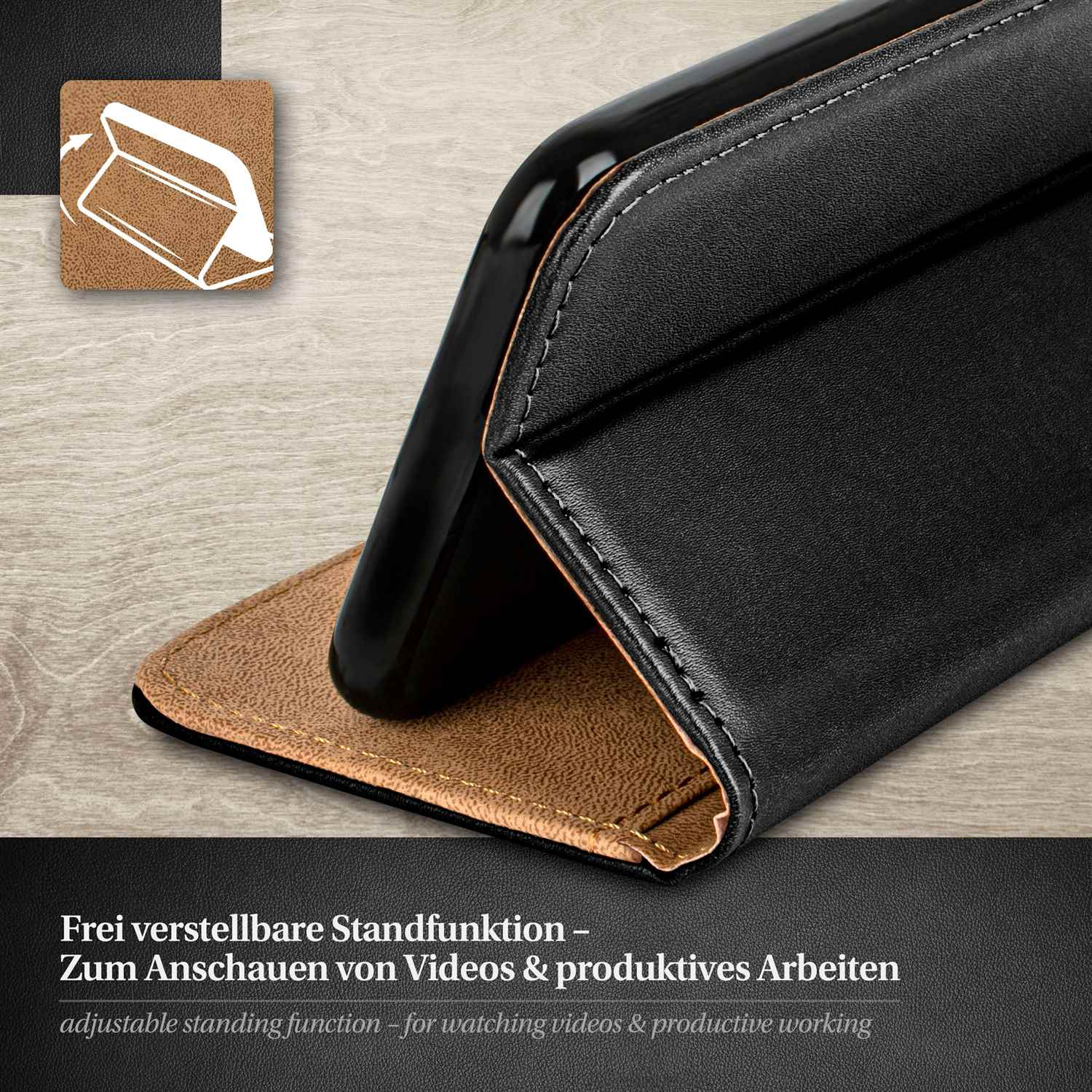 Eine schwarze Handyhülle mit Telefon, mit verstellbarer Standfunktion zum Ansehen von Videos und produktivem Arbeiten.