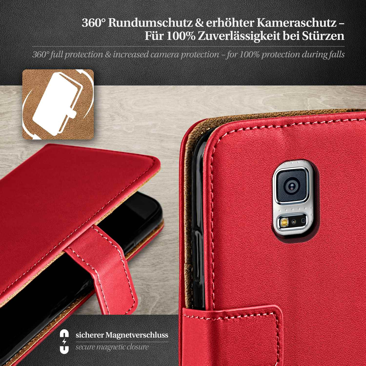 Rote Handyhülle geöffnet, das Telefon zeigend. Text: 360° Schutz, sicherer Magnetverschluss.