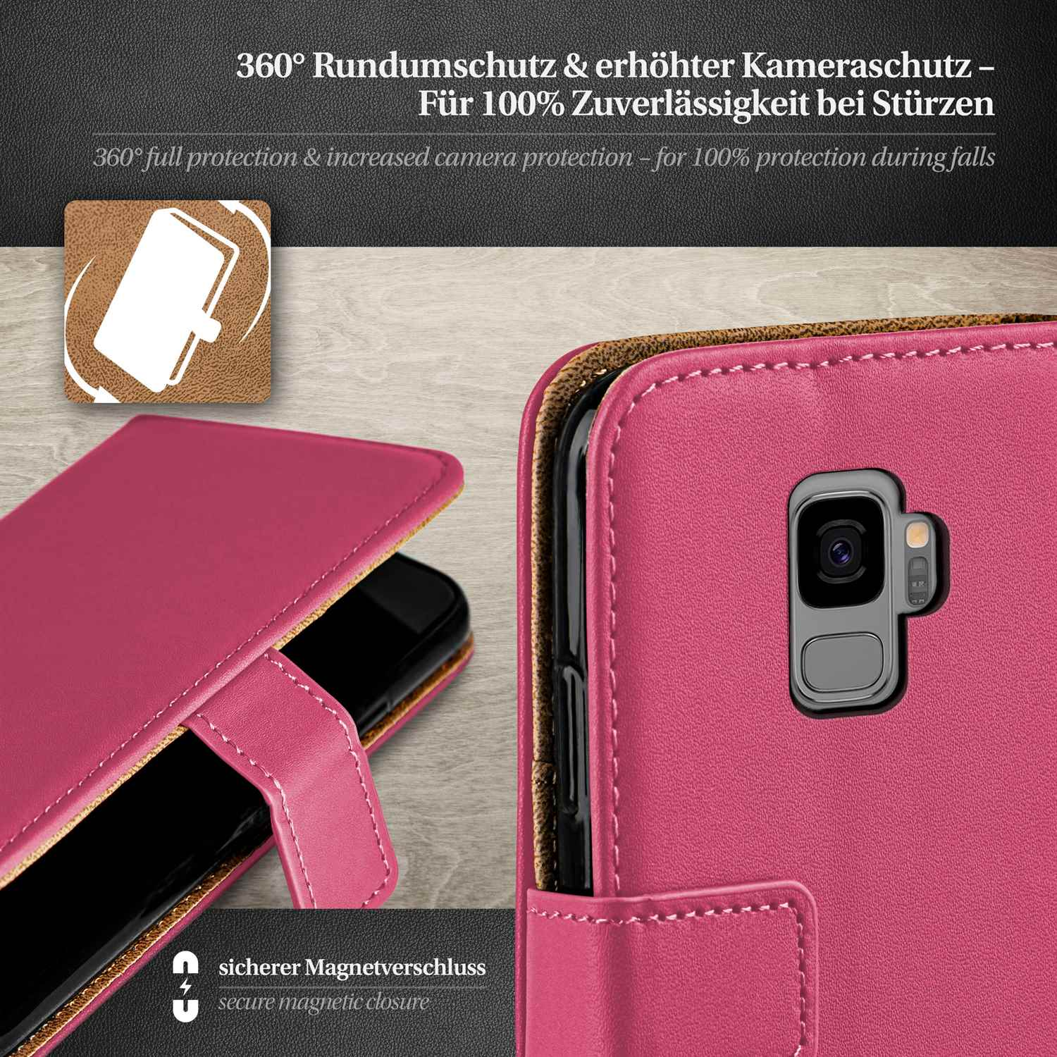 Eine rosa Handyhülle ist geöffnet und zeigt das Telefon im Inneren, mit einem sicheren Magnetverschluss.