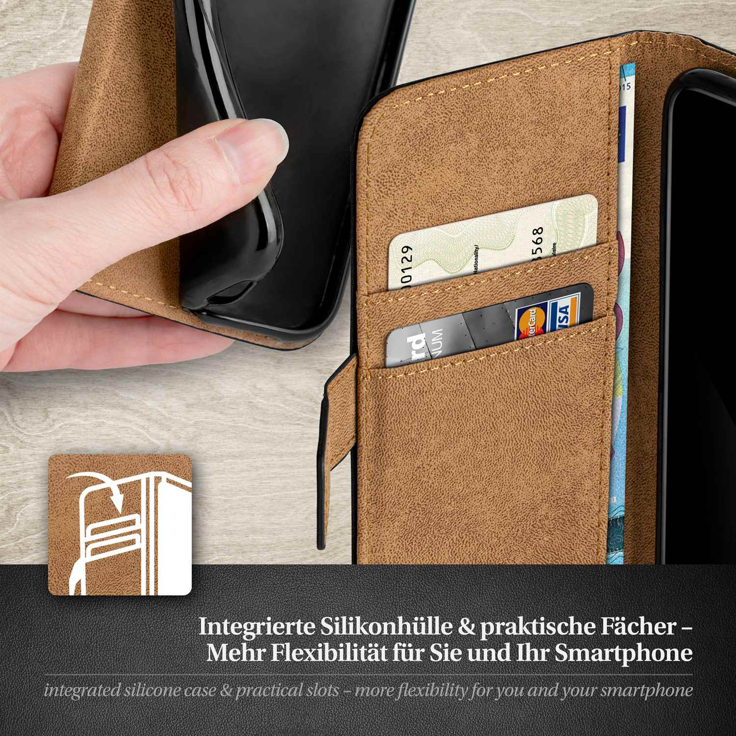 Eine Handyhülle mit Fächern für Karten und ein Telefon, mit einer Hand, die die Hülle offen hält.