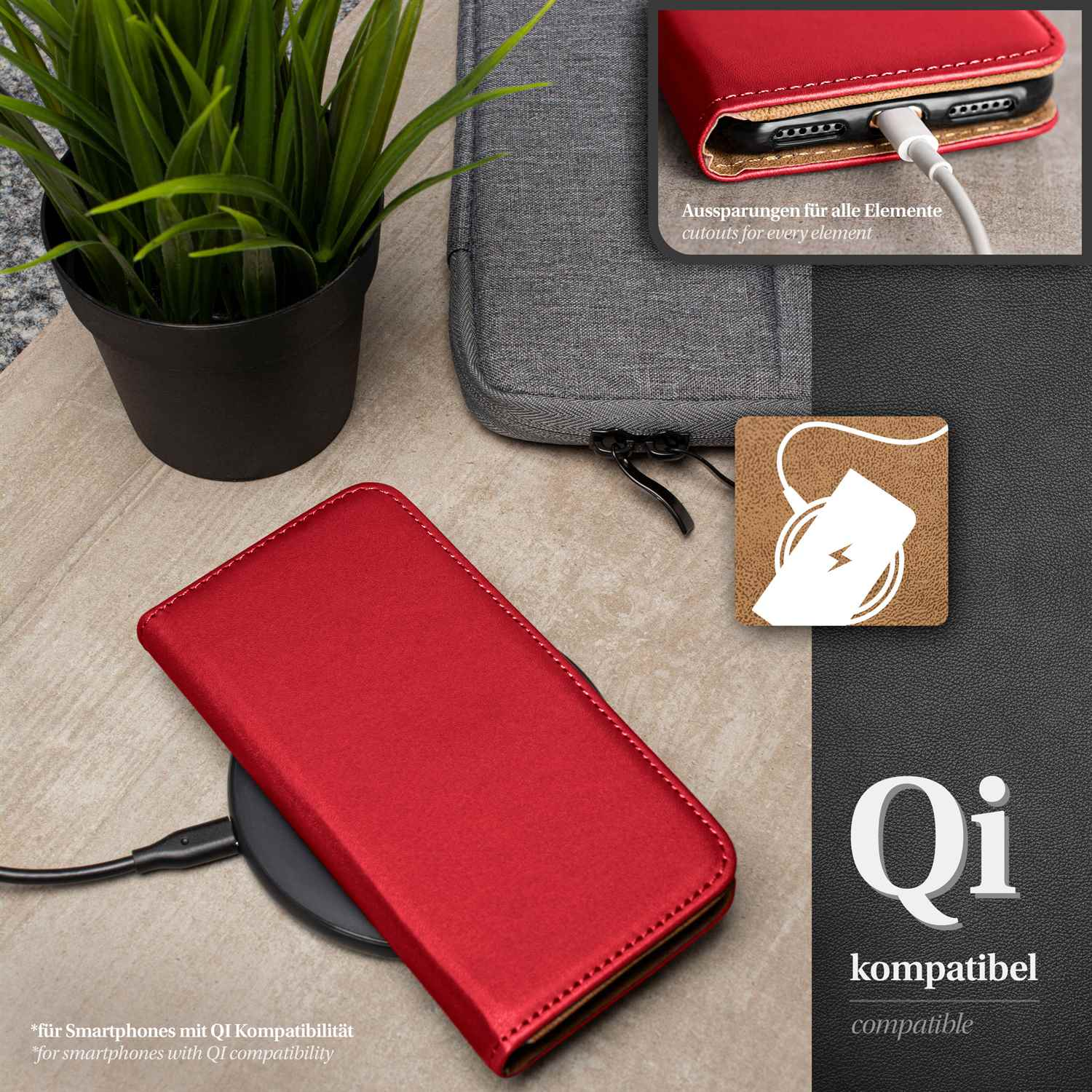Rote Handyhülle auf Ladepad. Pflanze im Topf, graue Tasche und weißes Ladesymbol.