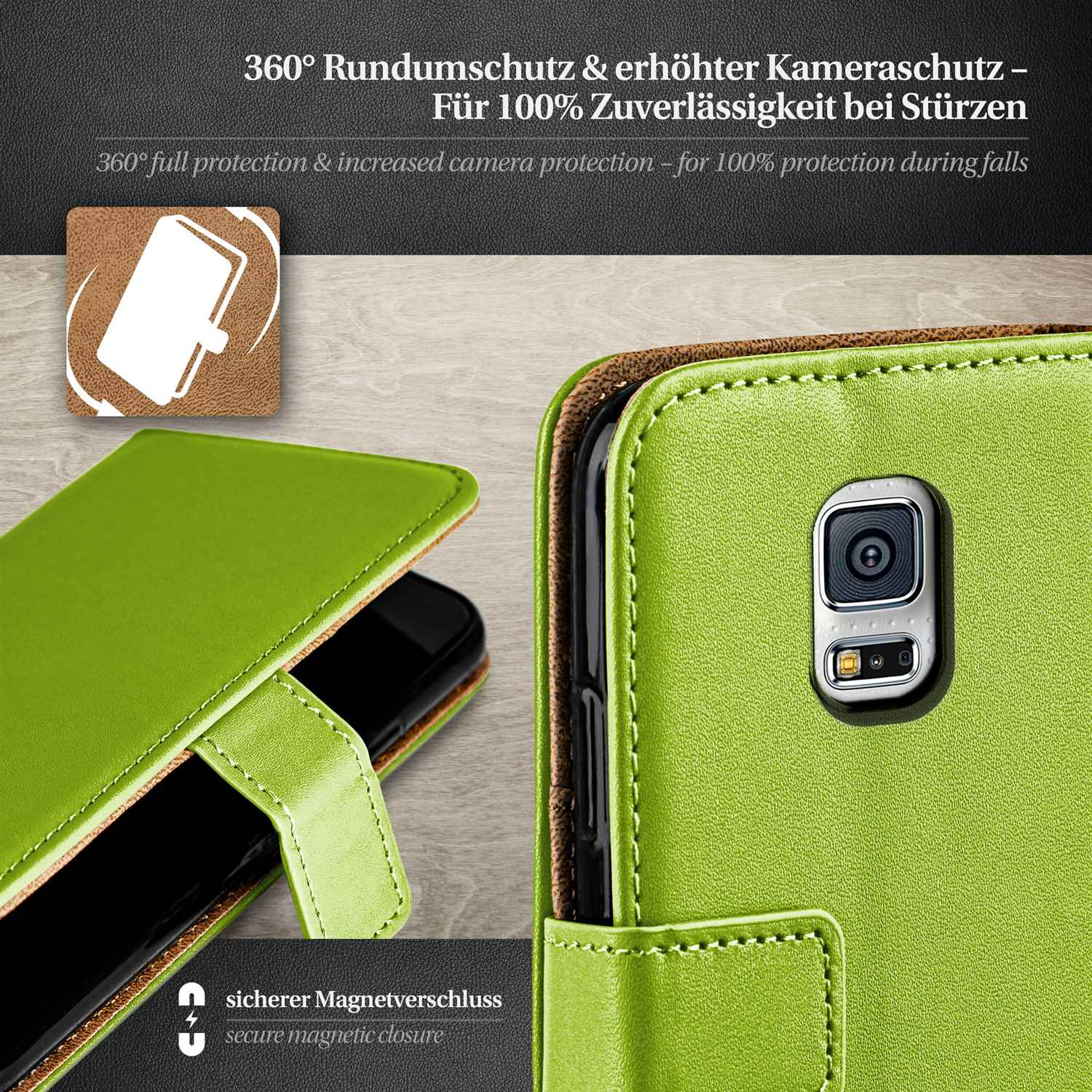 Grüne Handyhülle mit schwarzem Handy darin. Text: 360° Schutz, sicherer Magnetverschluss.