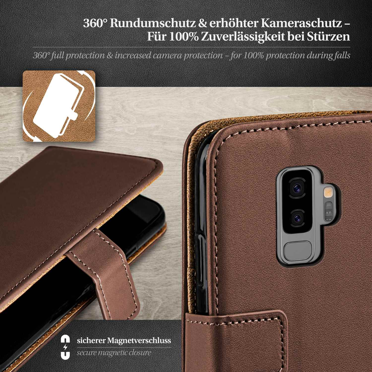 Braune Handyhülle, geöffnet, um ein Telefon zu zeigen. Zeigt sicheren Magnetverschluss und Kameraschutz.