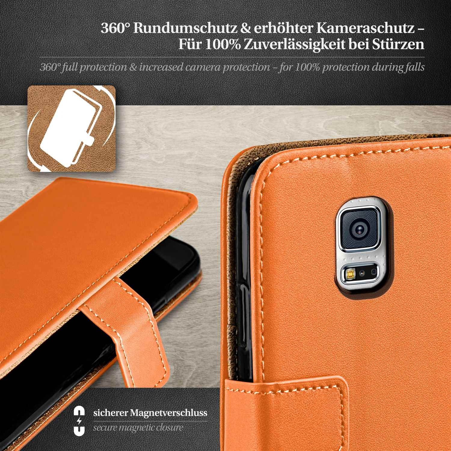 Orange Handyhülle mit Telefon. Hülle offen, Telefon wird angezeigt.