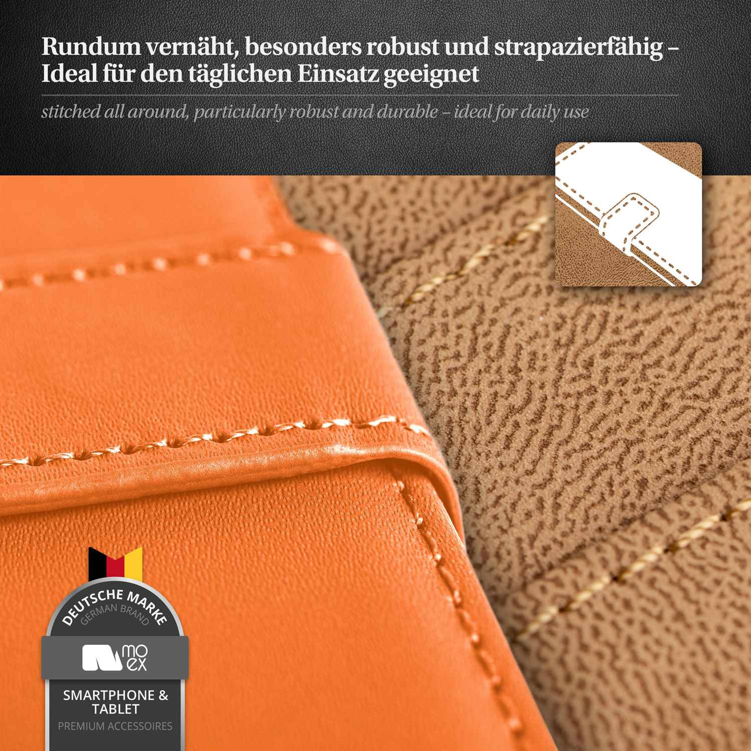 Nahaufnahme der orangefarbenen Handyhüllen-Naht. Mit Markenlogo und Text über Smartphone- und Tablet-Zubehör.