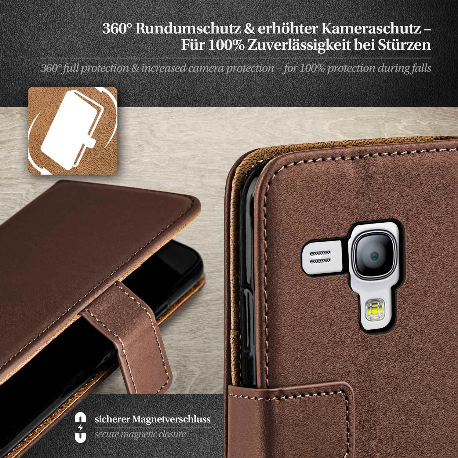 Braune Handyhülle mit einem schwarzen Telefon. Die Hülle schützt die Kamera mit einer Klappe und hat einen Magnetverschluss.