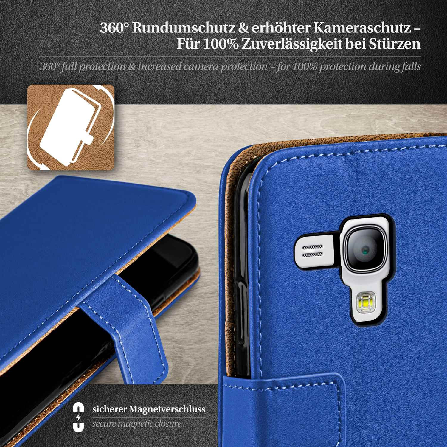 Blaue Leder-Handyhülle mit Telefon. Die Hülle ist offen, die Rückseite des Telefons ist sichtbar.