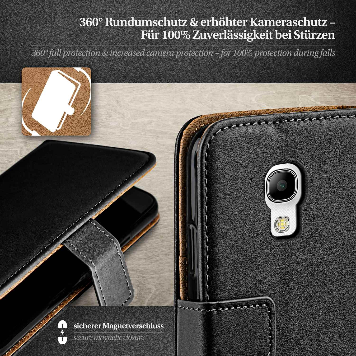 Eine schwarze Smartphone-Hülle mit sicherem Magnetverschluss. 360°-Schutz und erhöhter Kameraschutz.