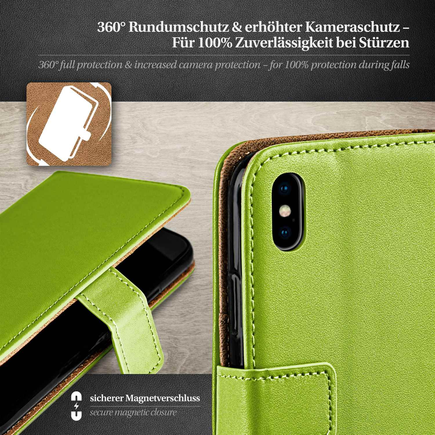 Grüne Handyhülle mit Telefon darin. Die Hülle ist offen und zeigt Telefon und Kamera. Sicherer Magnetverschluss.