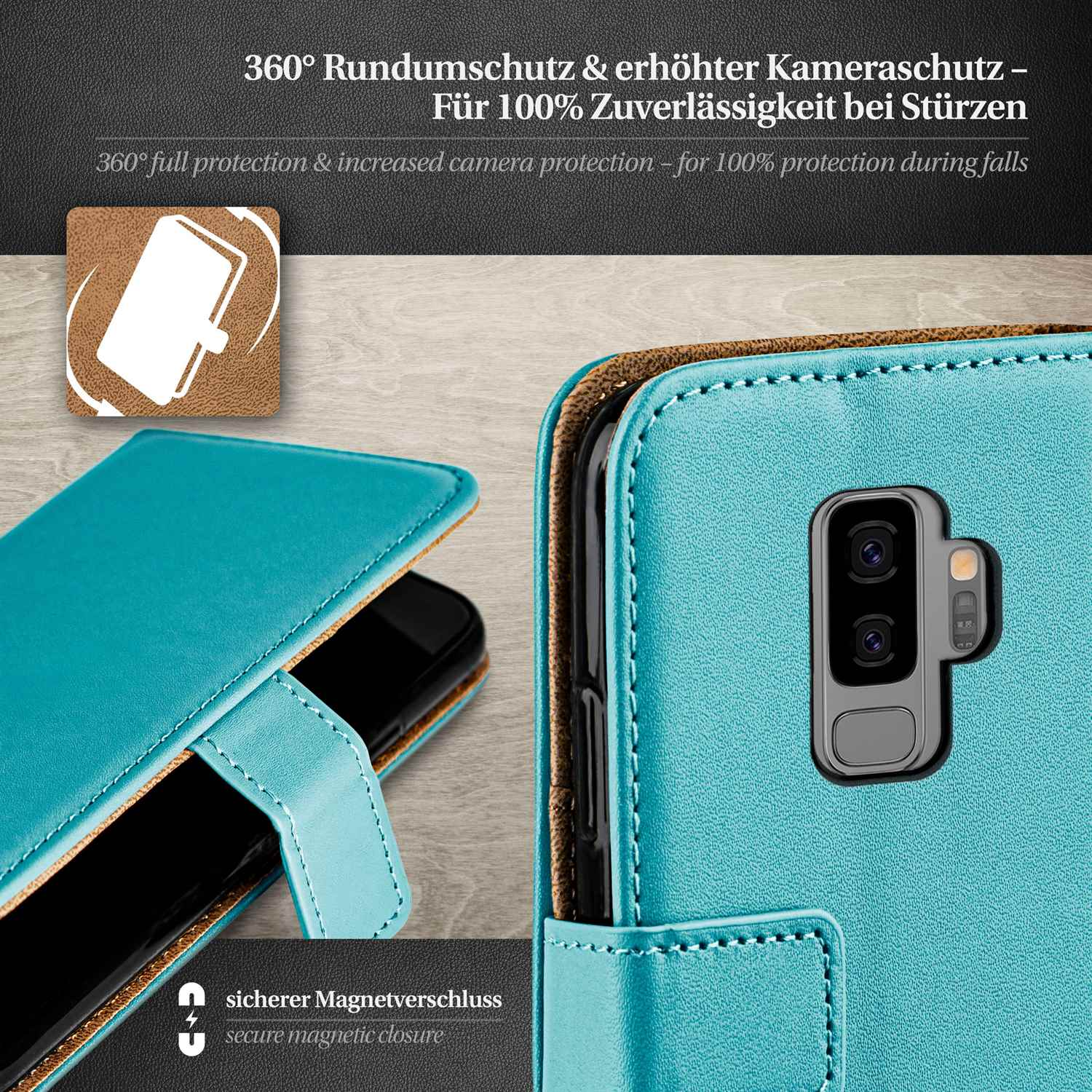 Blaue Handyhülle geöffnet. Telefon innen. Text: 360° Schutz. Erhöhter Kameraschutz.