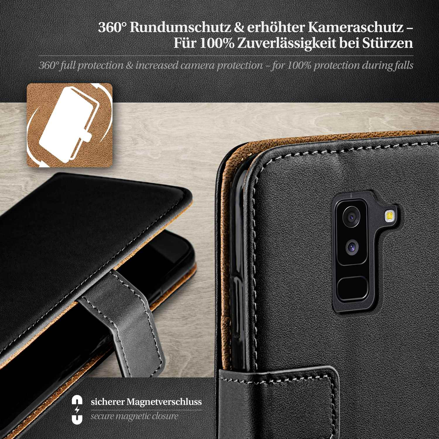 Schwarze Handyhülle mit Telefon; sicherer Magnetverschluss.
