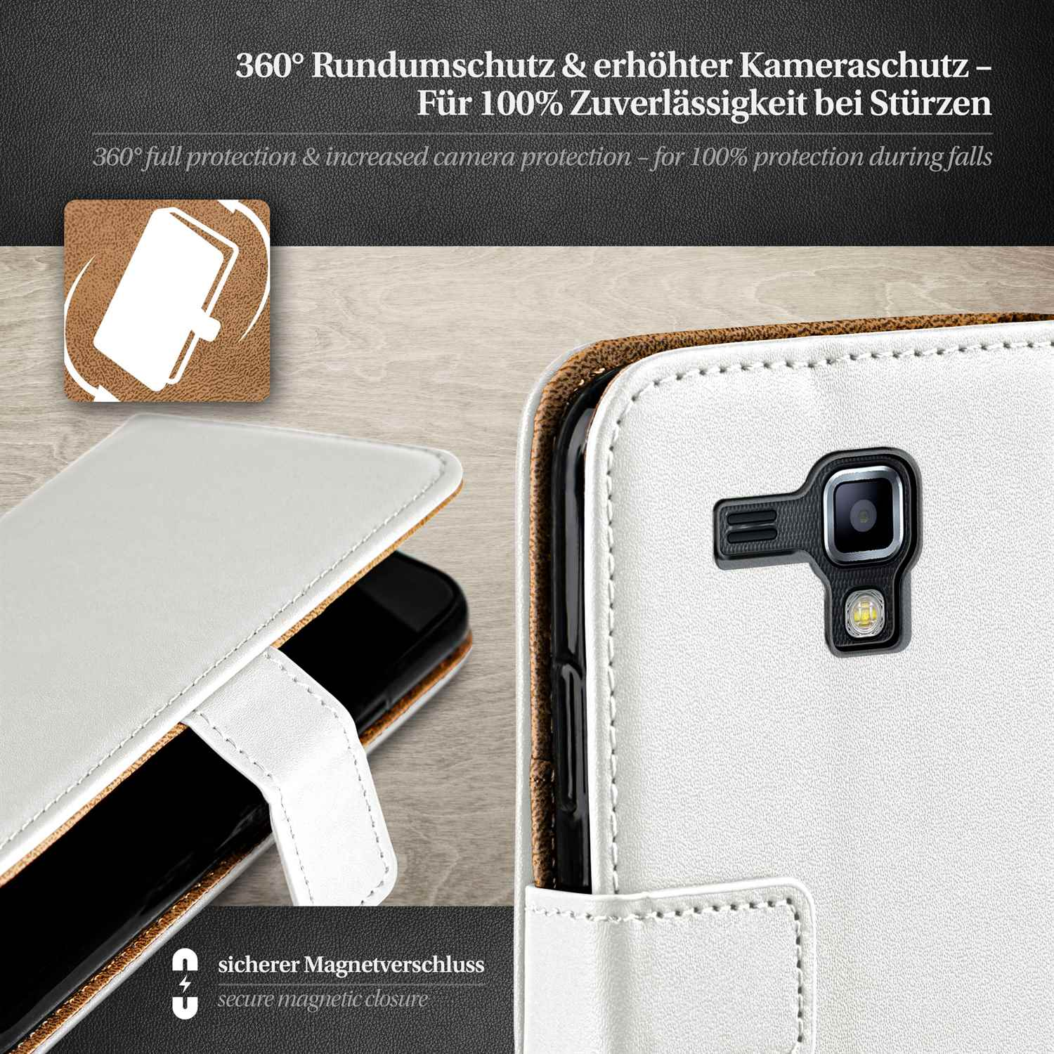 Weißes Telefongehäuse mit schwarzem Telefon darin. Text: 360° Schutz, sicherer Magnetverschluss.
