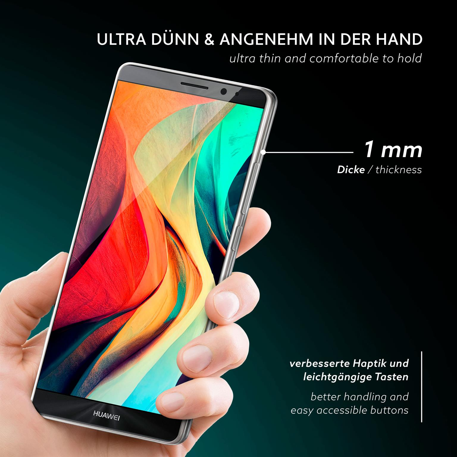 Hand hält dünnes Telefon. Text: ultradünn & angenehm zu halten, 1 mm Dicke.