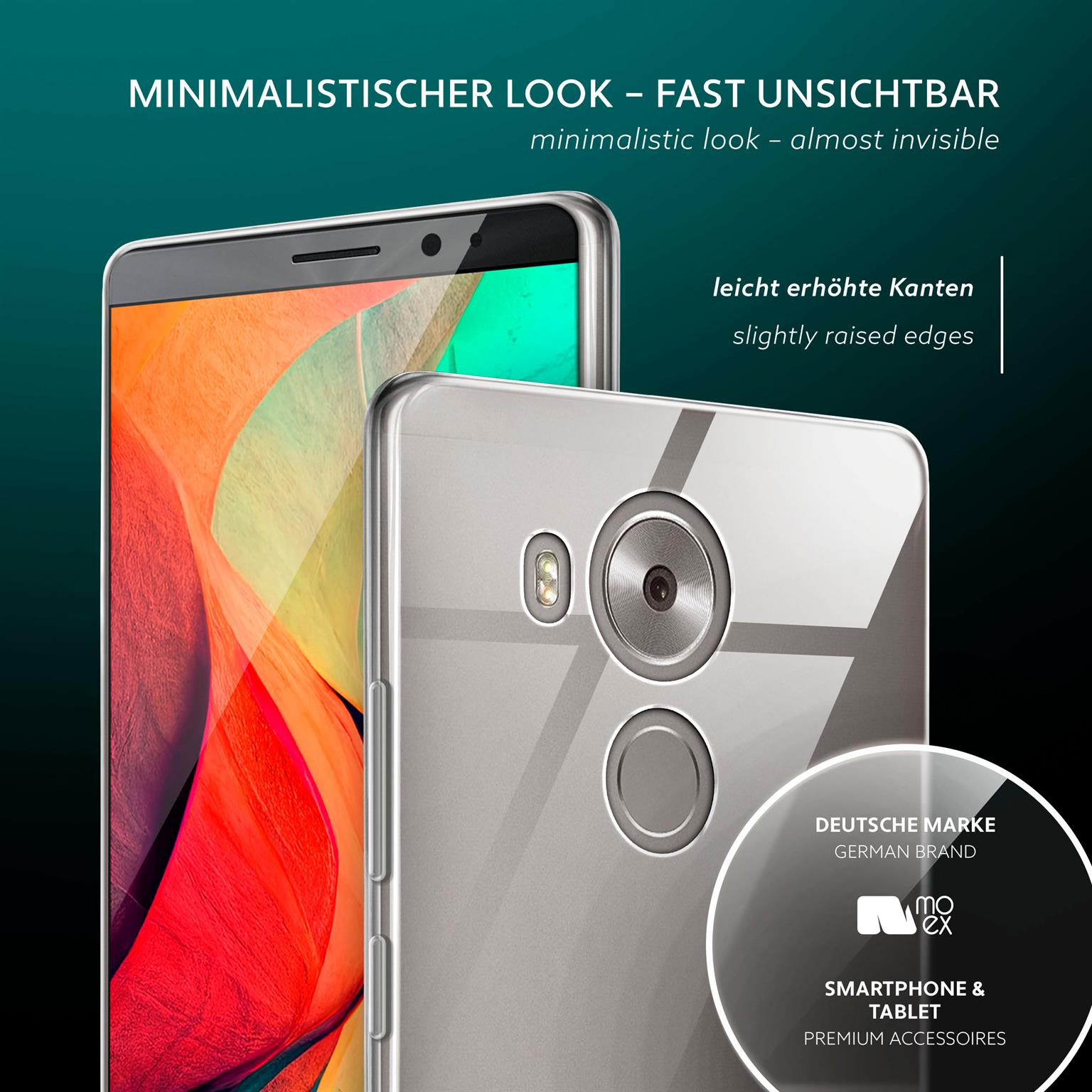 Handyhülle mit Telefon. Das Telefon ist sichtbar, die Hülle ist klar mit leicht erhöhten Kanten.