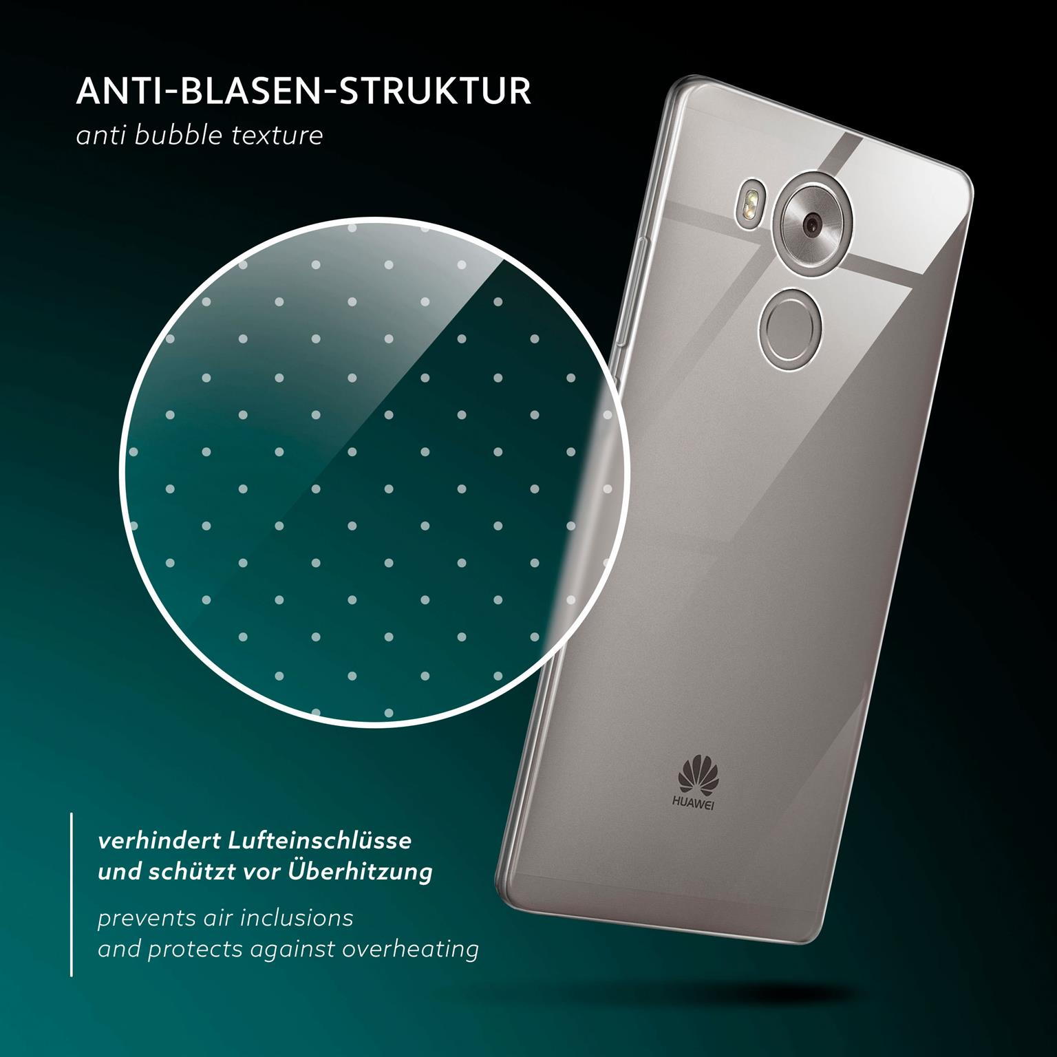 Transparente Handyhülle mit Blasenstruktur, ein klarer Kreis zeigt die Textur. Ein Telefon ist sichtbar.