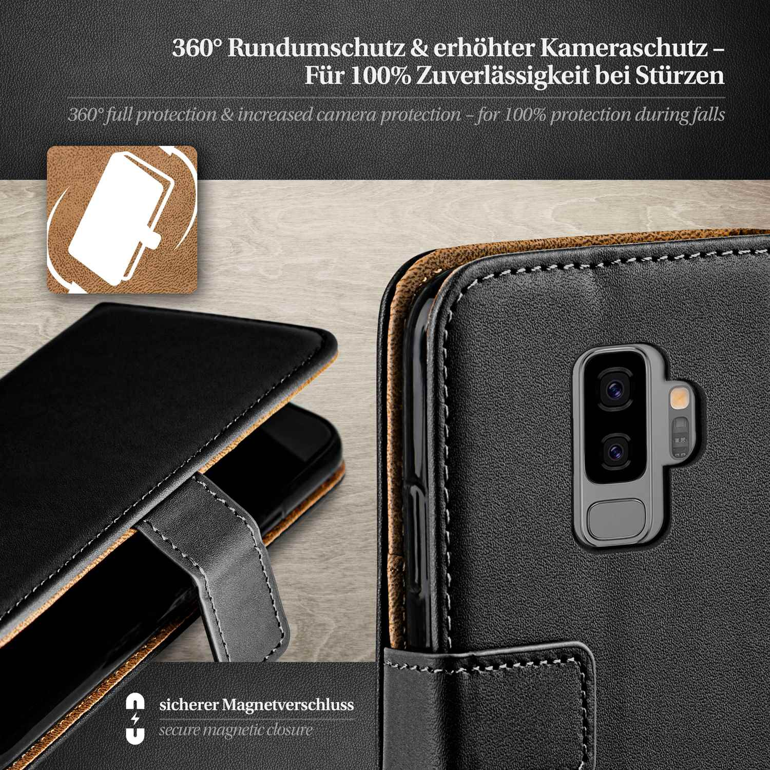 Schwarze Handyhülle mit Telefon darin. Die Hülle hat einen sicheren Magnetverschluss.