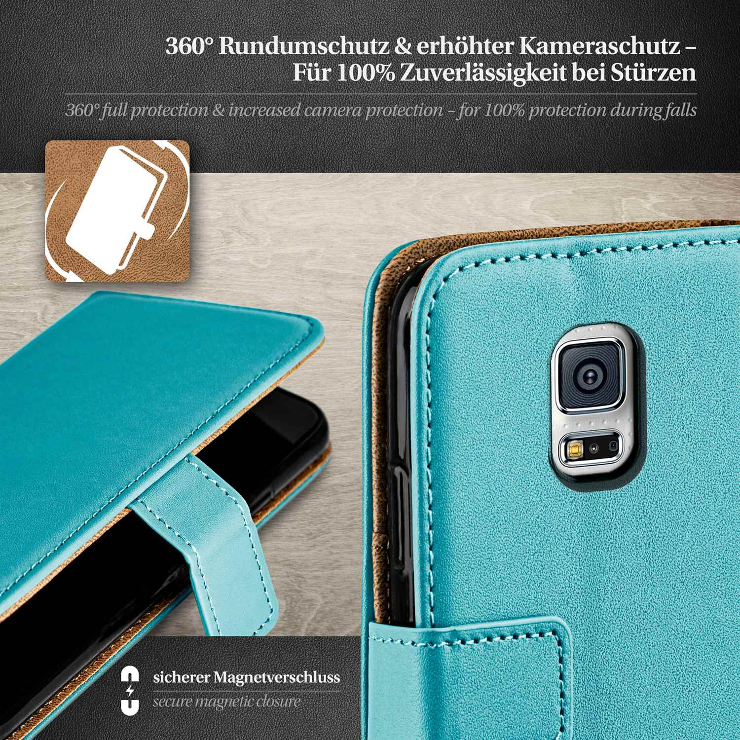 Türkisfarbene Handyhülle mit Magnetverschluss, schützt ein Telefon. Braunes Innere und Kamera sichtbar.