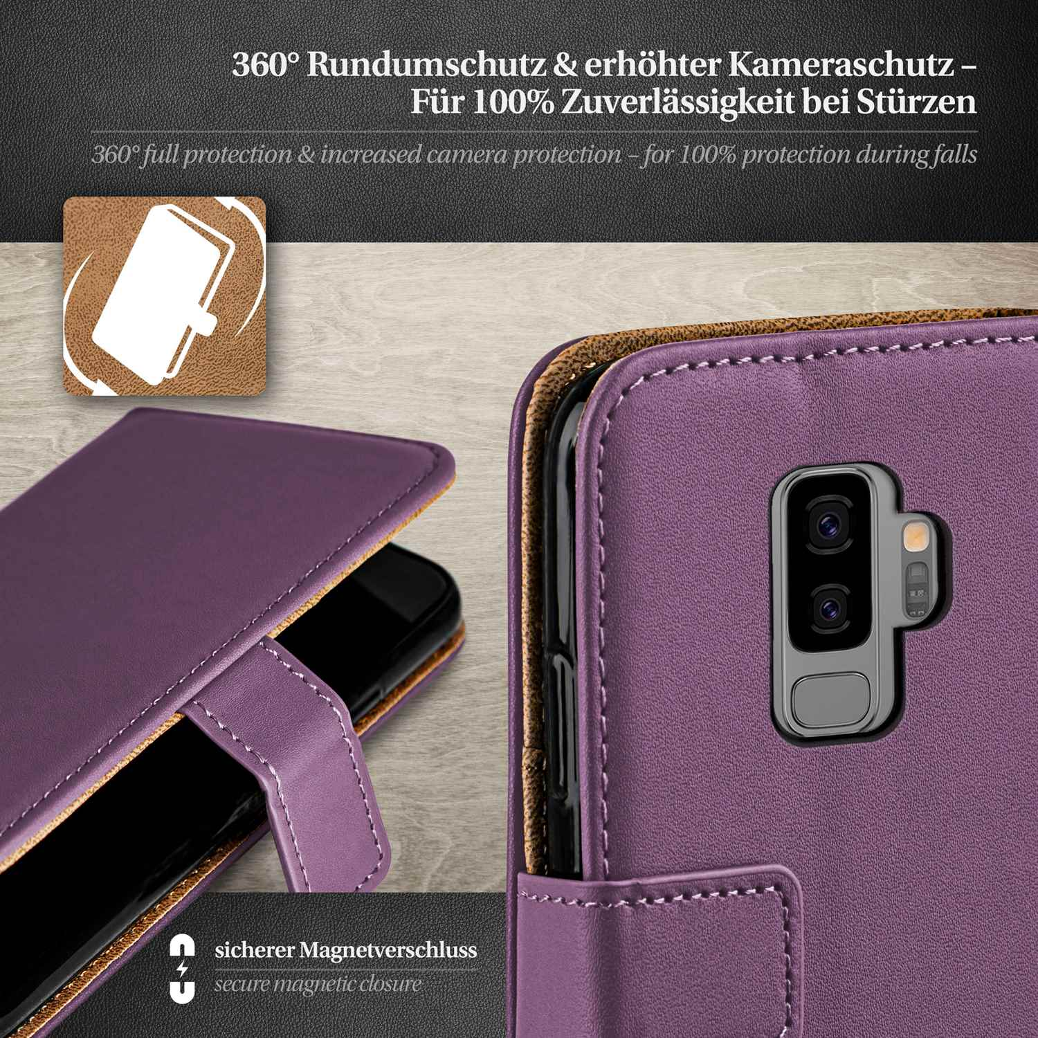 Lila Handyhülle mit Handy darin, Nahaufnahme.