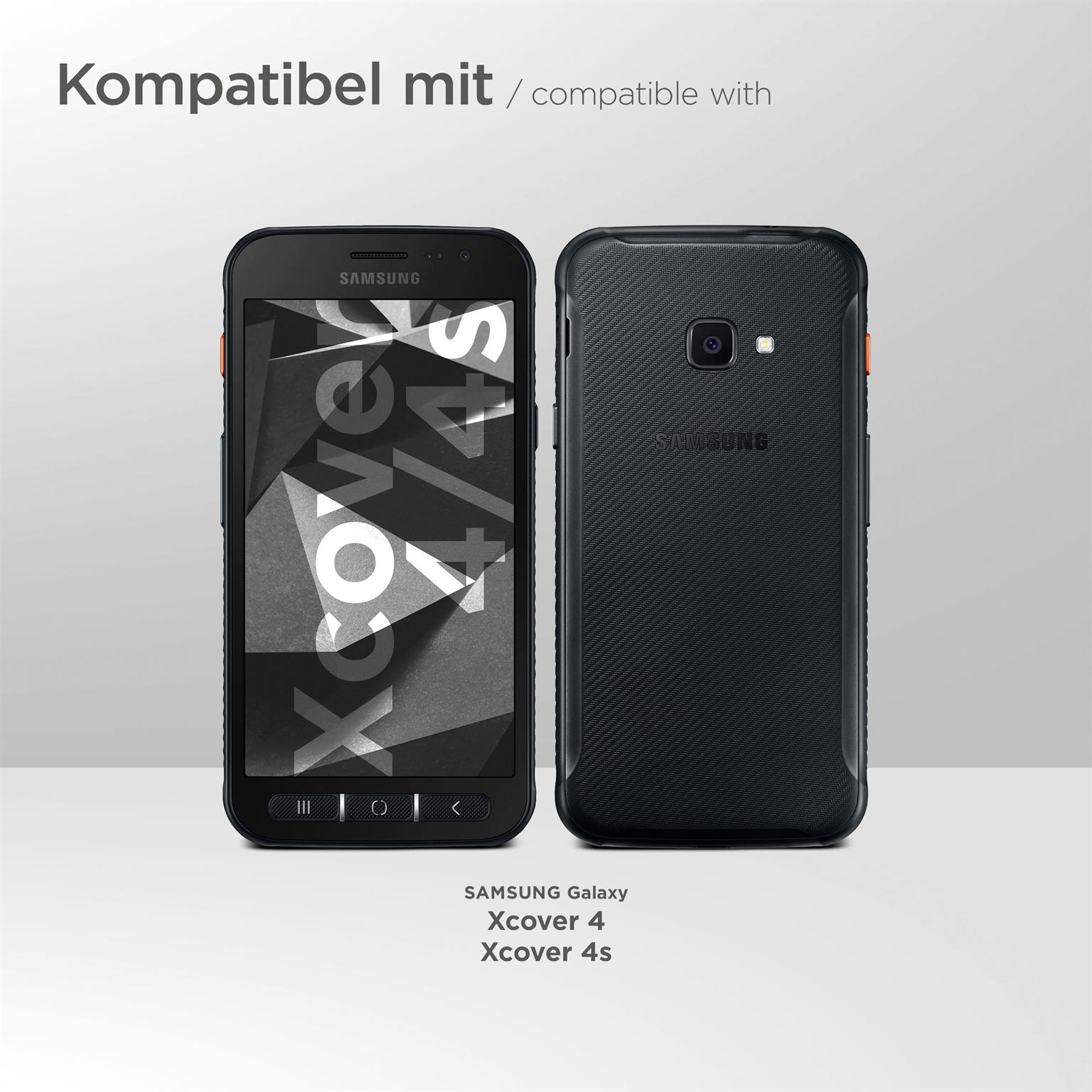 Zwei schwarze Telefone, Vorder- und Rückansicht. Texte: kompatibel mit Samsung Galaxy Xcover 4/4s.