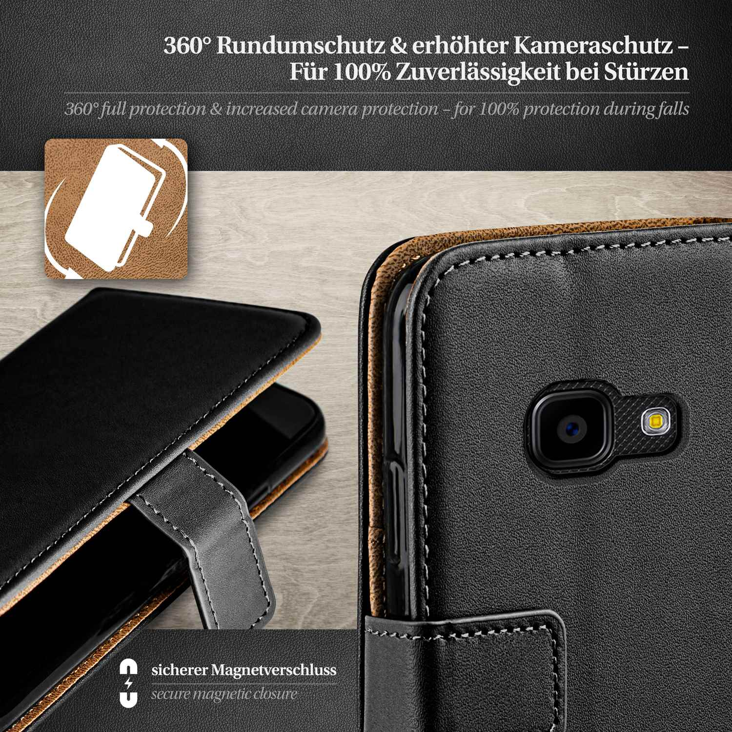 Geöffnete schwarze Handyhülle, die die Kamera des Telefons zeigt. Hintergrund mit Text und Logo.