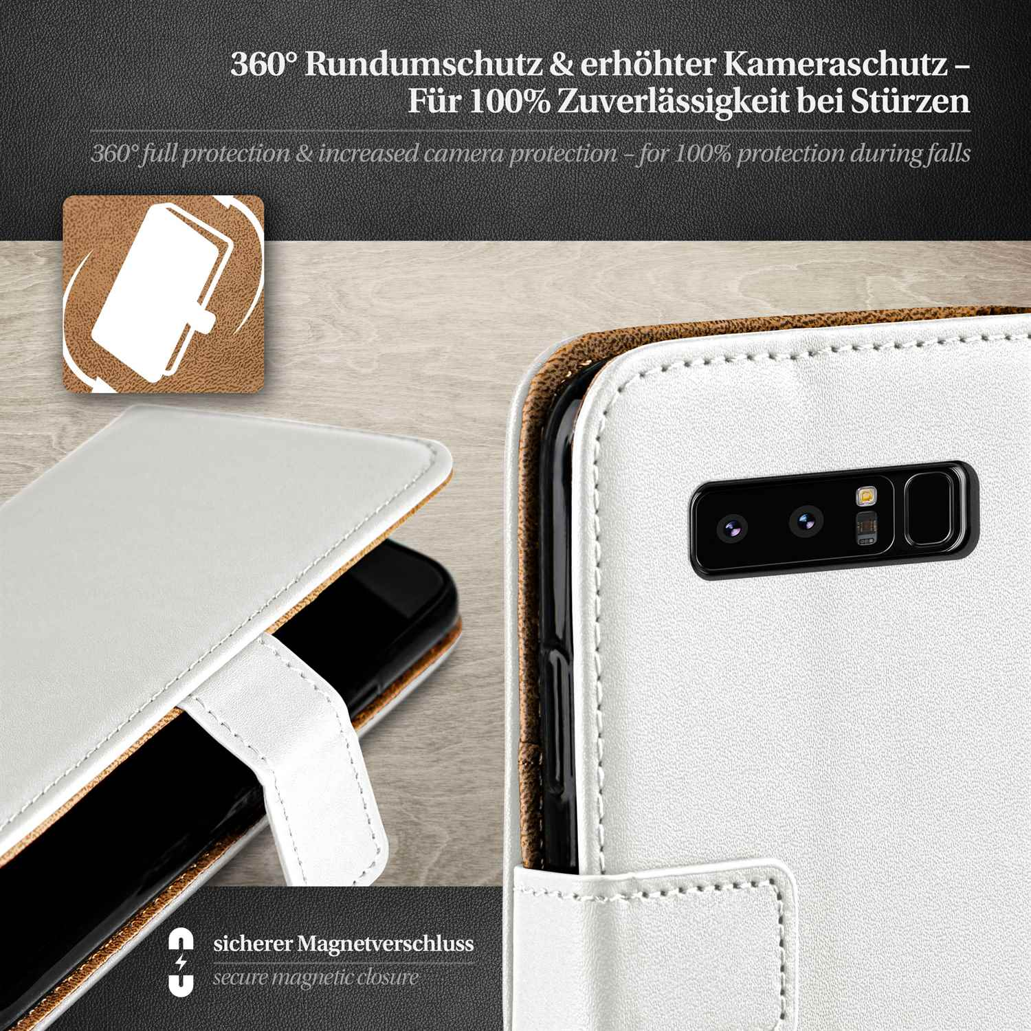 Weiße Handyhülle mit Telefon darin, zeigt Kamerabereich. Text: 360° Rundumschutz & erhöhter Kameraschutz.