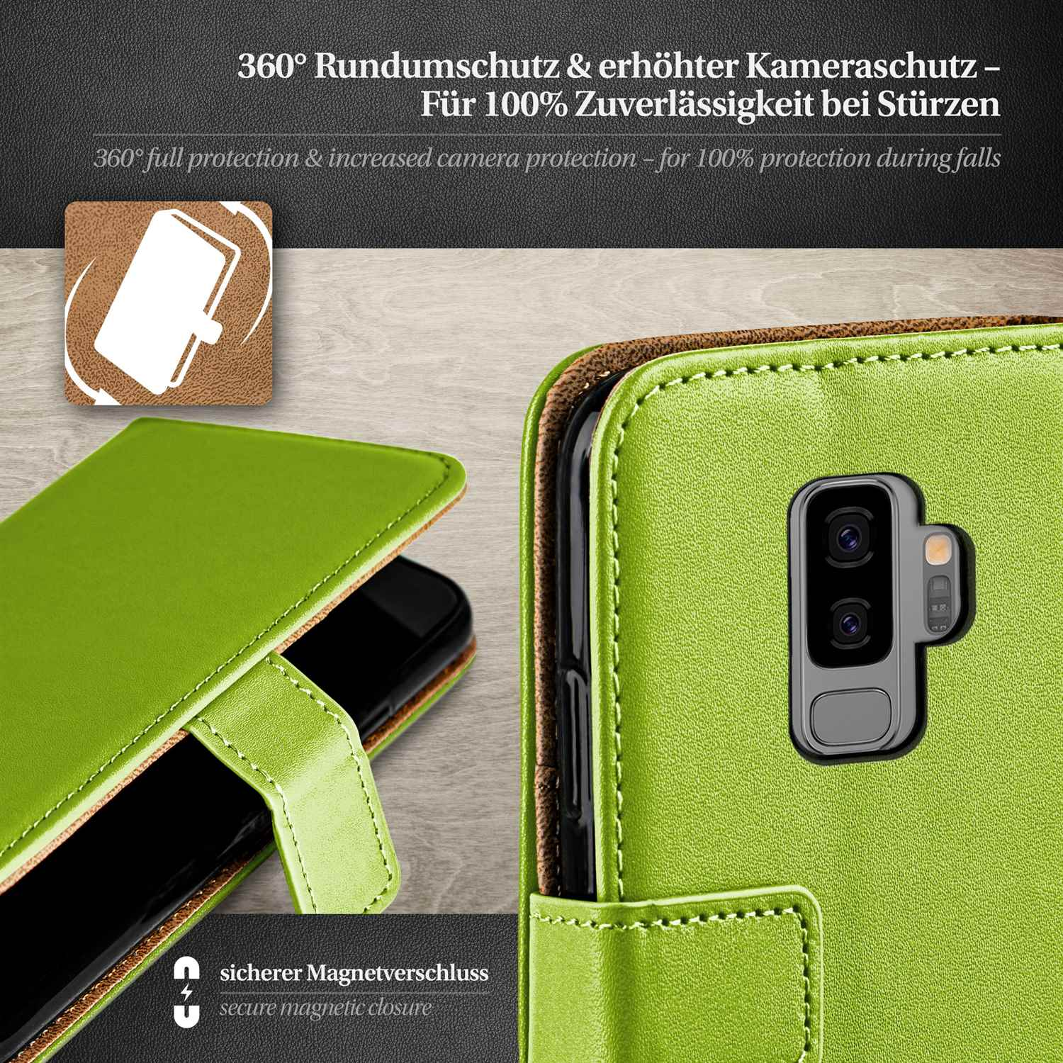 Grüne Handyhülle mit Telefon darin. Text: 360° Schutz. Sicherer Magnetverschluss. Kameraschutz.