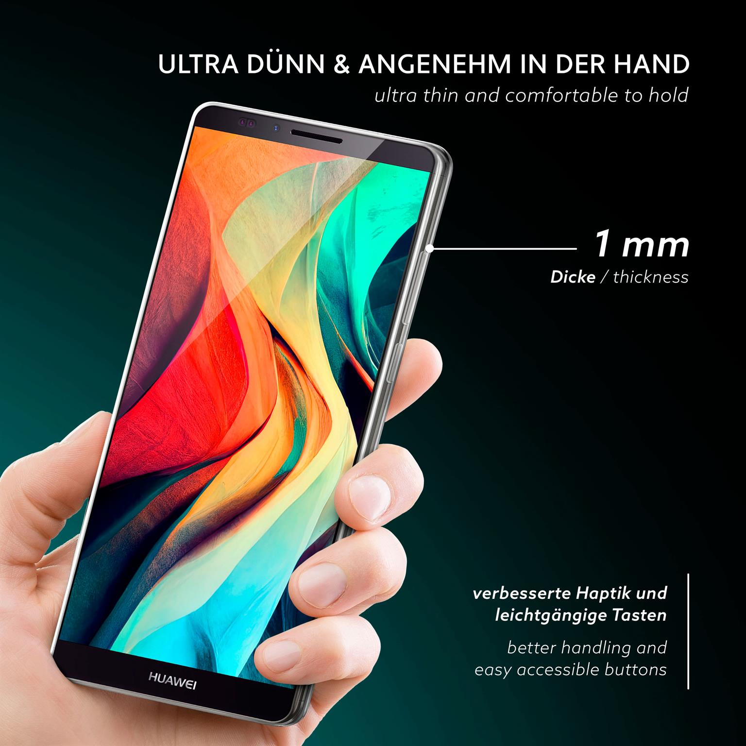 Eine Hand hält ein Telefon. Das Telefon ist schwarz und hat einen Bildschirm. Schwarzer Hintergrund.
