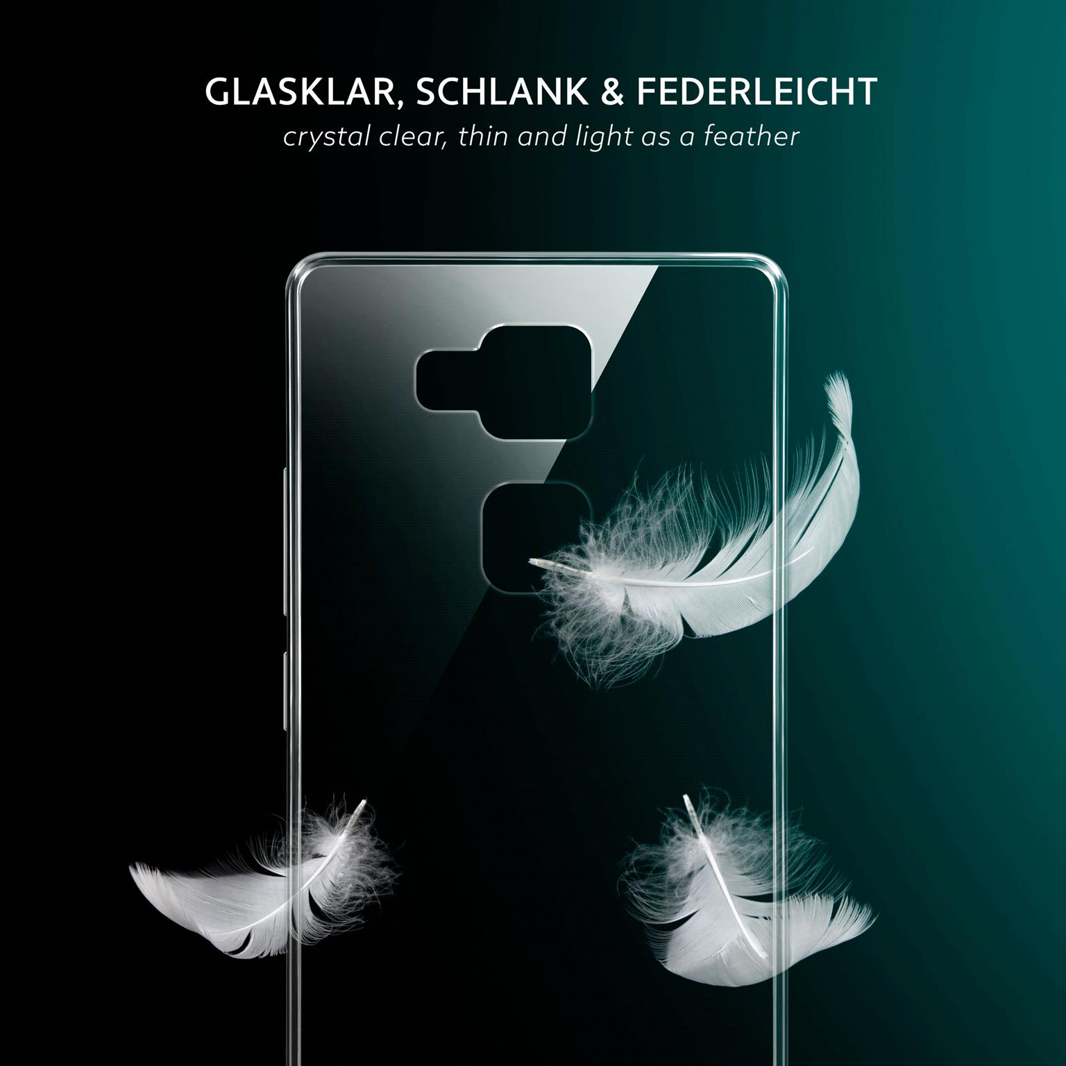Transparente Handyhülle mit drei Federn auf dunklem Hintergrund. Hülle ist transparent.