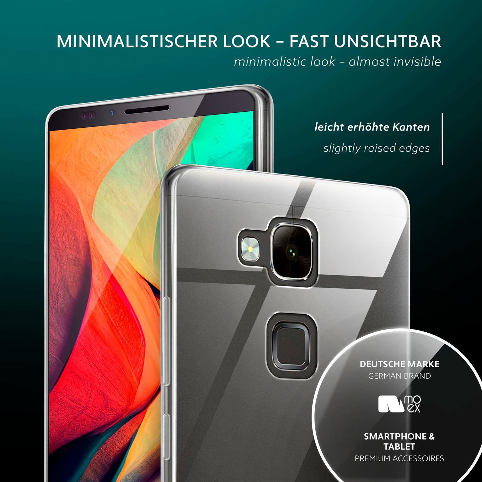 Smartphone-Hülle, klar mit leicht erhöhten Kanten. Text: Minimalistischer Look. Deutsche Marke.