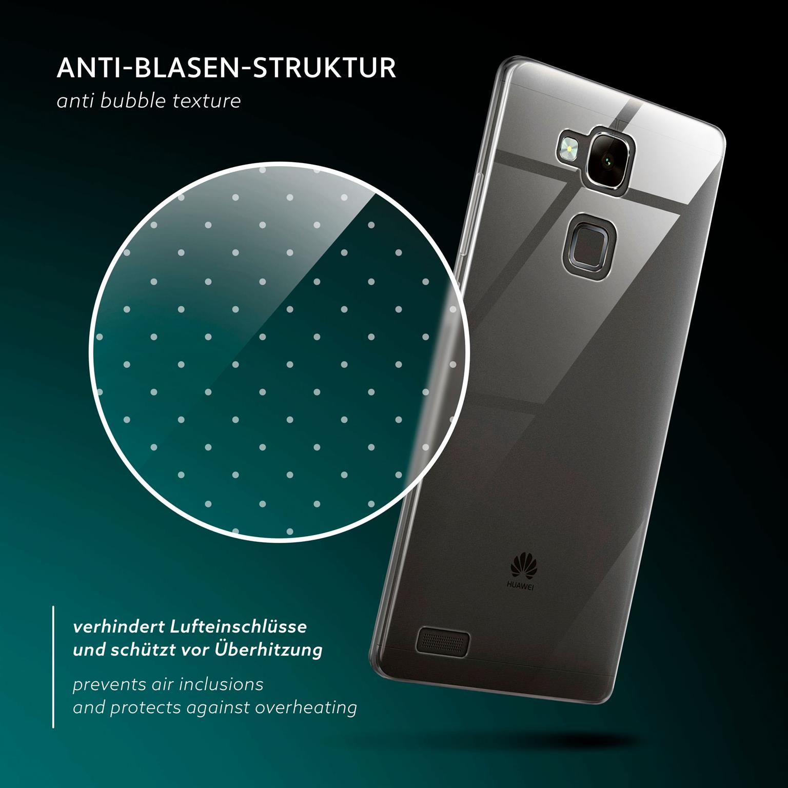 Eine transparente Handyhülle über einem Telefon mit Blasen. Ein dunkler Hintergrund.