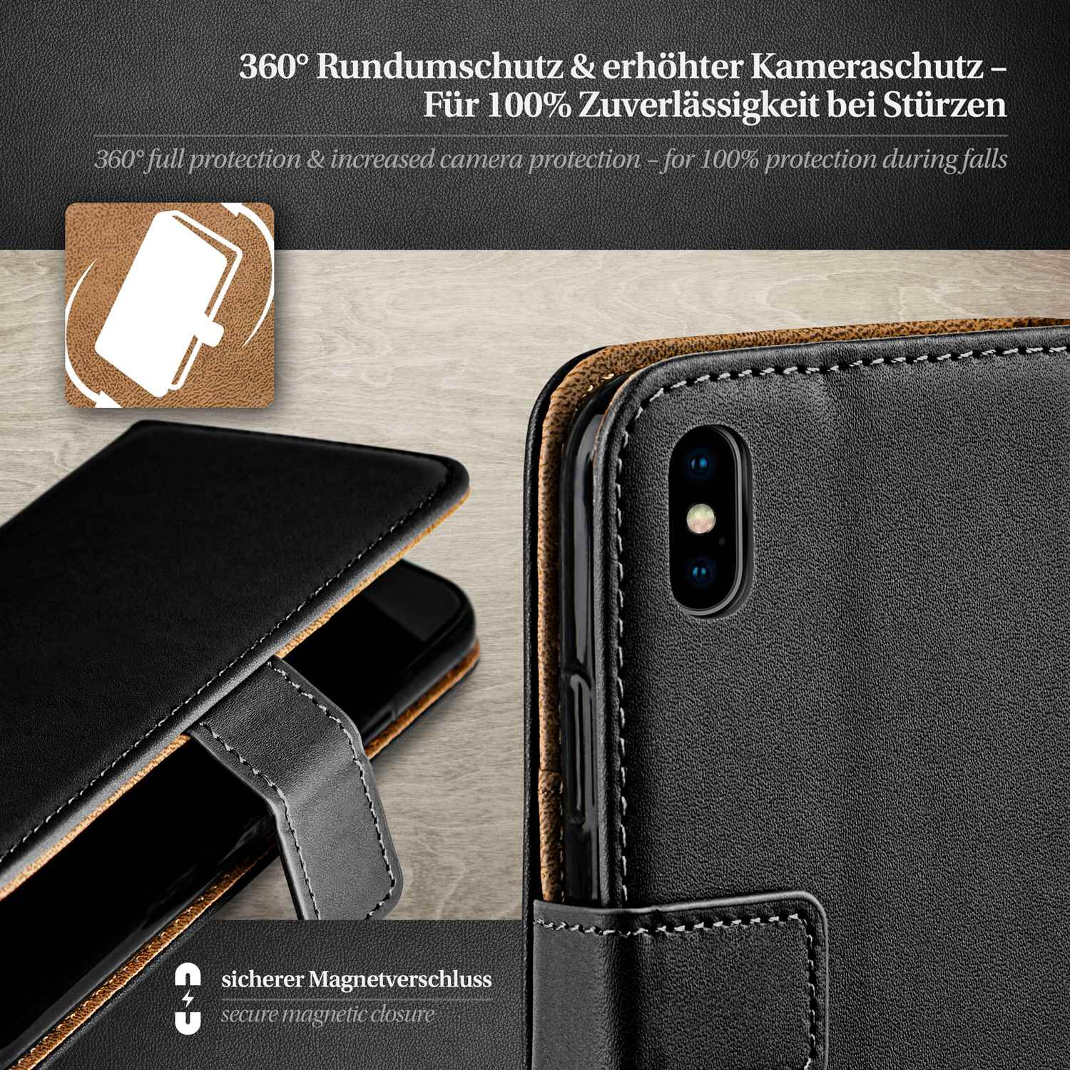 Eine Handyhülle mit sicherem Magnetverschluss, im Detail mit Text dargestellt.
