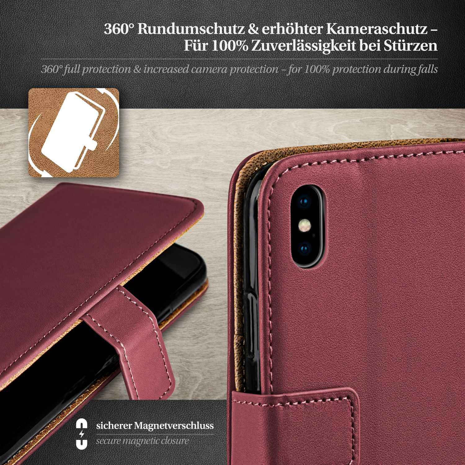 Bordeauxfarbene Handyhülle mit schwarzem Handy. Text: 360° Schutz, sicherer Magnetverschluss.
