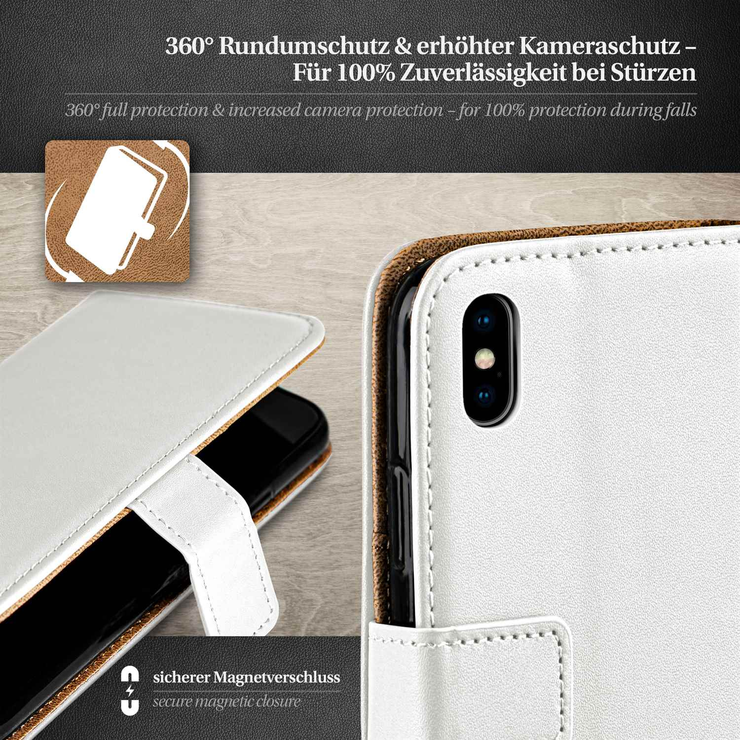 Weiße Handyhülle mit Magnetverschluss. Text: 360° Schutz, sicherer Magnetverschluss.