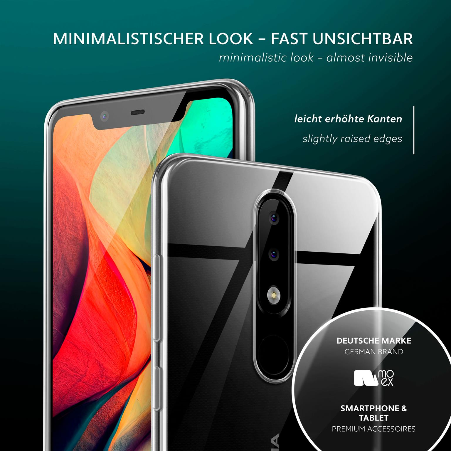 Zwei Telefone. Transparente Handyhülle. Text: minimalistischer Look. Kreis: Deutsche Marke.